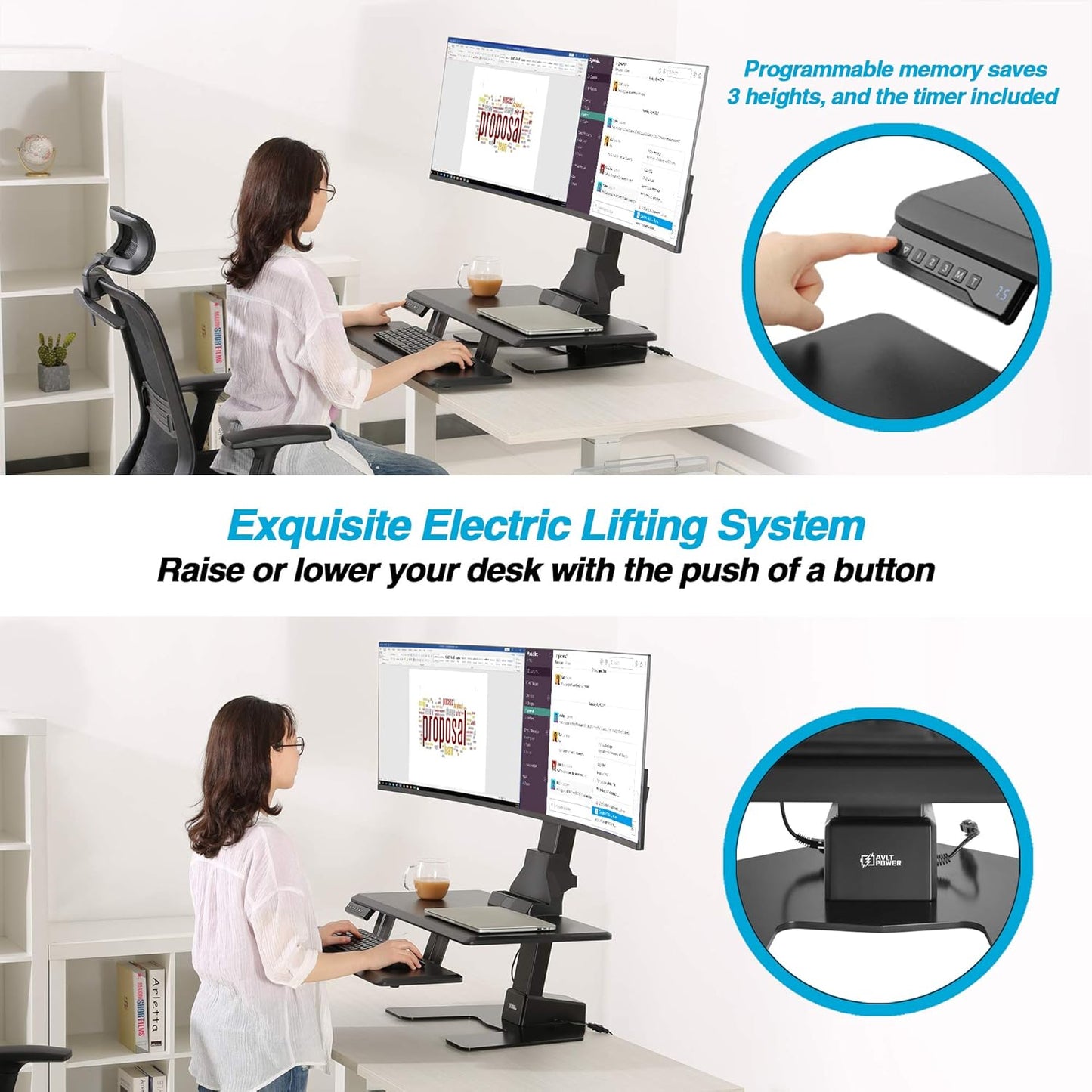 Dual 32" Monitor Electric Standing Desk Converter with Huge Keyboard Tray Extra Large 28"X 16" Spacious Tabletop Motorized Automatic Height Adjustable Sit to Stand Table Sturdy Small Footprint