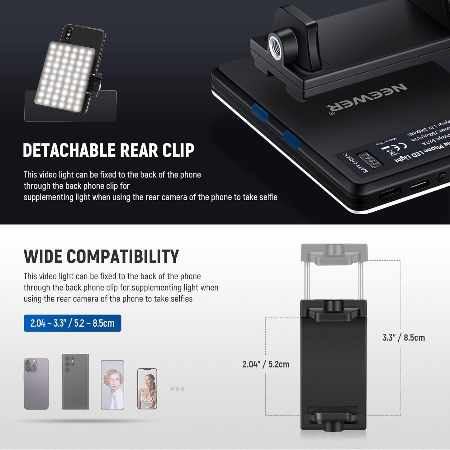 Basic Selfie Light with Front & Back Phone Clip, 60 LED 2000Mah Rechargeable CRI 95+, 3 Light Modes, Portable Clip on Light for Phone/Tablet/Laptop, Zoom Call Tiktok Video Fill Light - NL-60AI