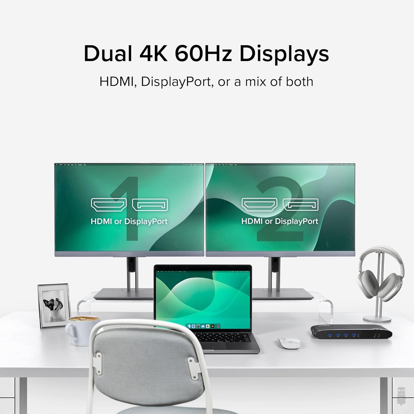 Universal Laptop Docking Station, 4K Dual Monitor, Displayport or HDMI, Windows Mac or Chromeos Laptops, USB-C or USB 3.0, Adds 2 Displays, Ethernet, Audio, 6 USB Ports
