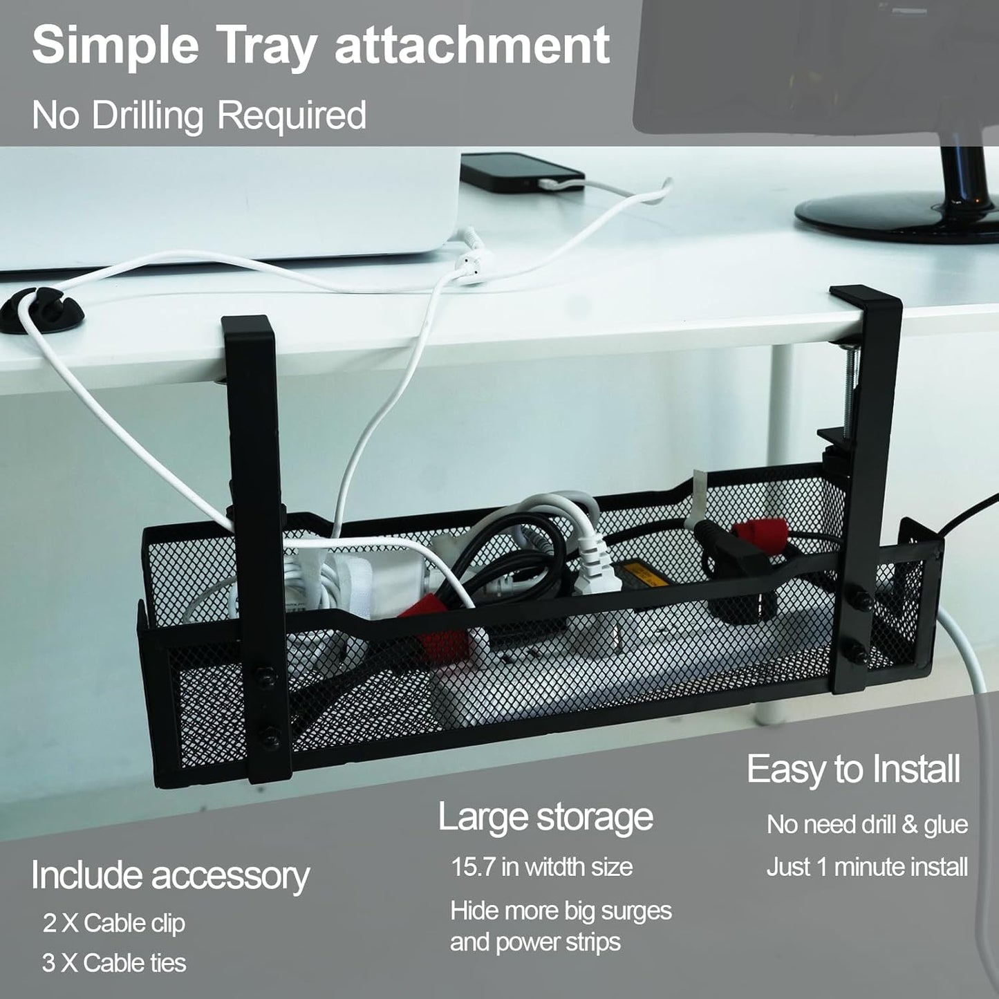 No Drill under Desk Cable Management Tray with Clamp-Premium Wire Tray Cord Organizer β Thin Steel Cable Tray Basket with Charger Holder for DeskβBlack Cable Management BoxβEasy to Install