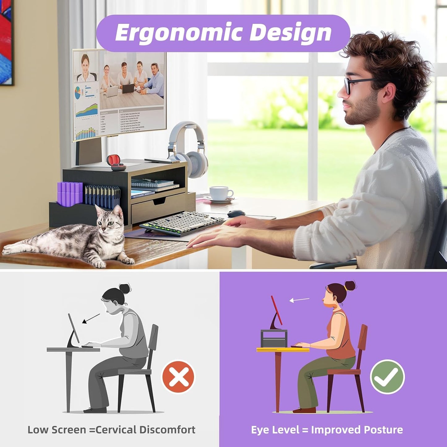 Monitor Stand Riser and Computer Wood Desk Organizer with Drawer and Pen Holder for Laptop, Computer, Imac, Black