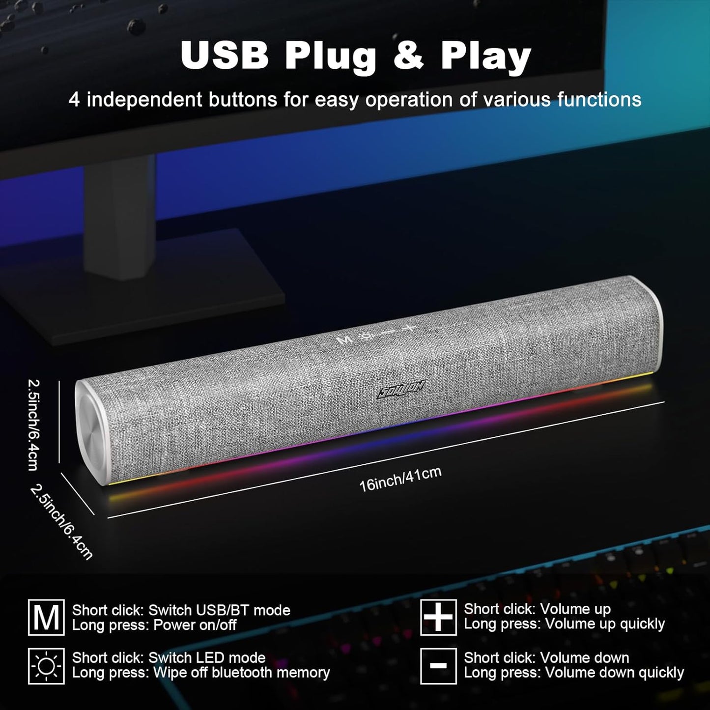 R100 Bluetooth Computer Speakers with Dynamic LED Light, USB Plug & Play PC Speakers with Switch Button, Clearly Sound Soundbar for Desktop Laptop Monitor White (USB-C to USB Adapter Included)