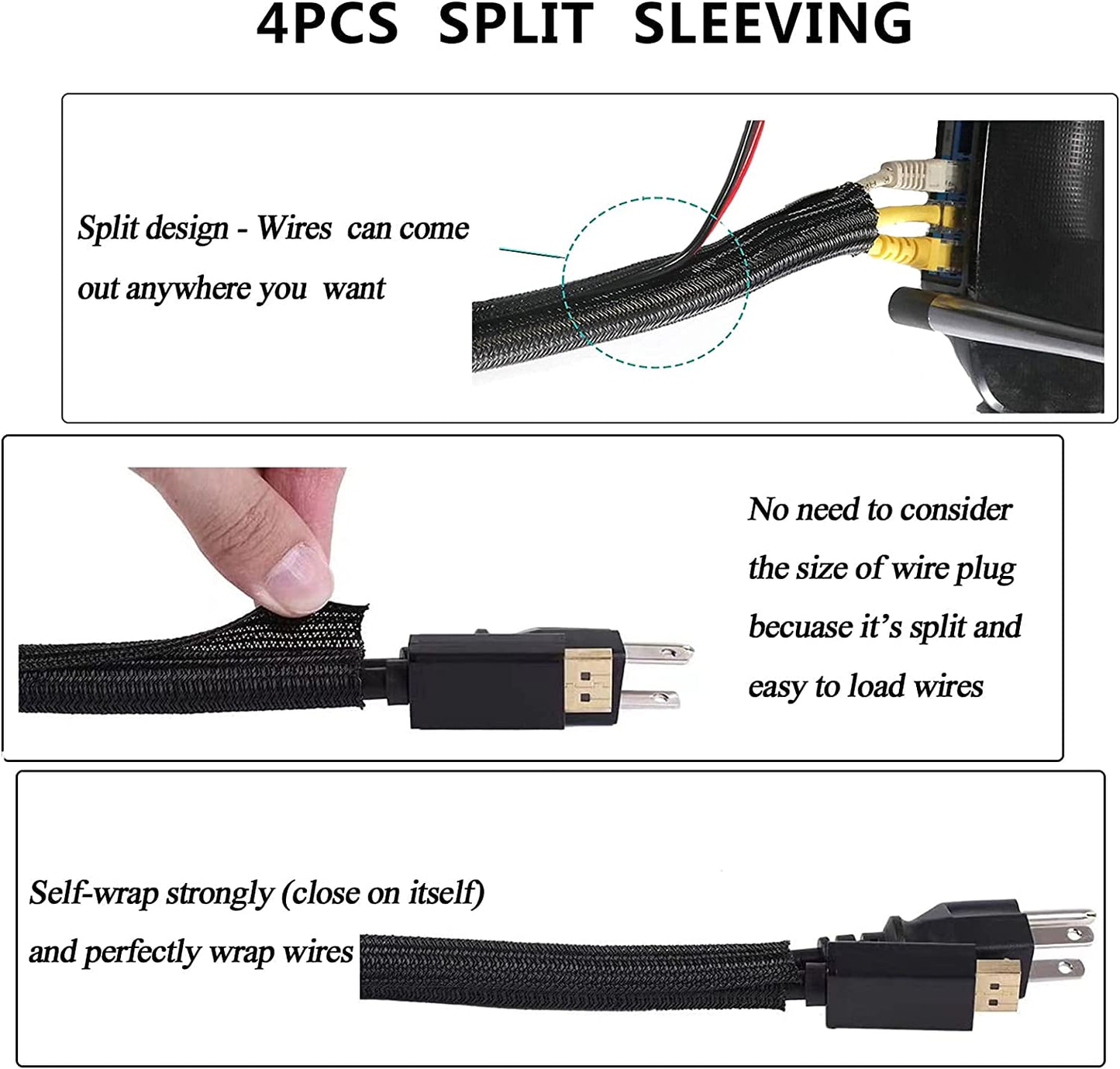 Cord Management Organizer Kit 4 Cable Sleeve Split with 41Self Adhesive Clips Holder, 10Pcs and 2 Roll Self Tie 100 Fastening Ties for TV Office Car Desk Home Black