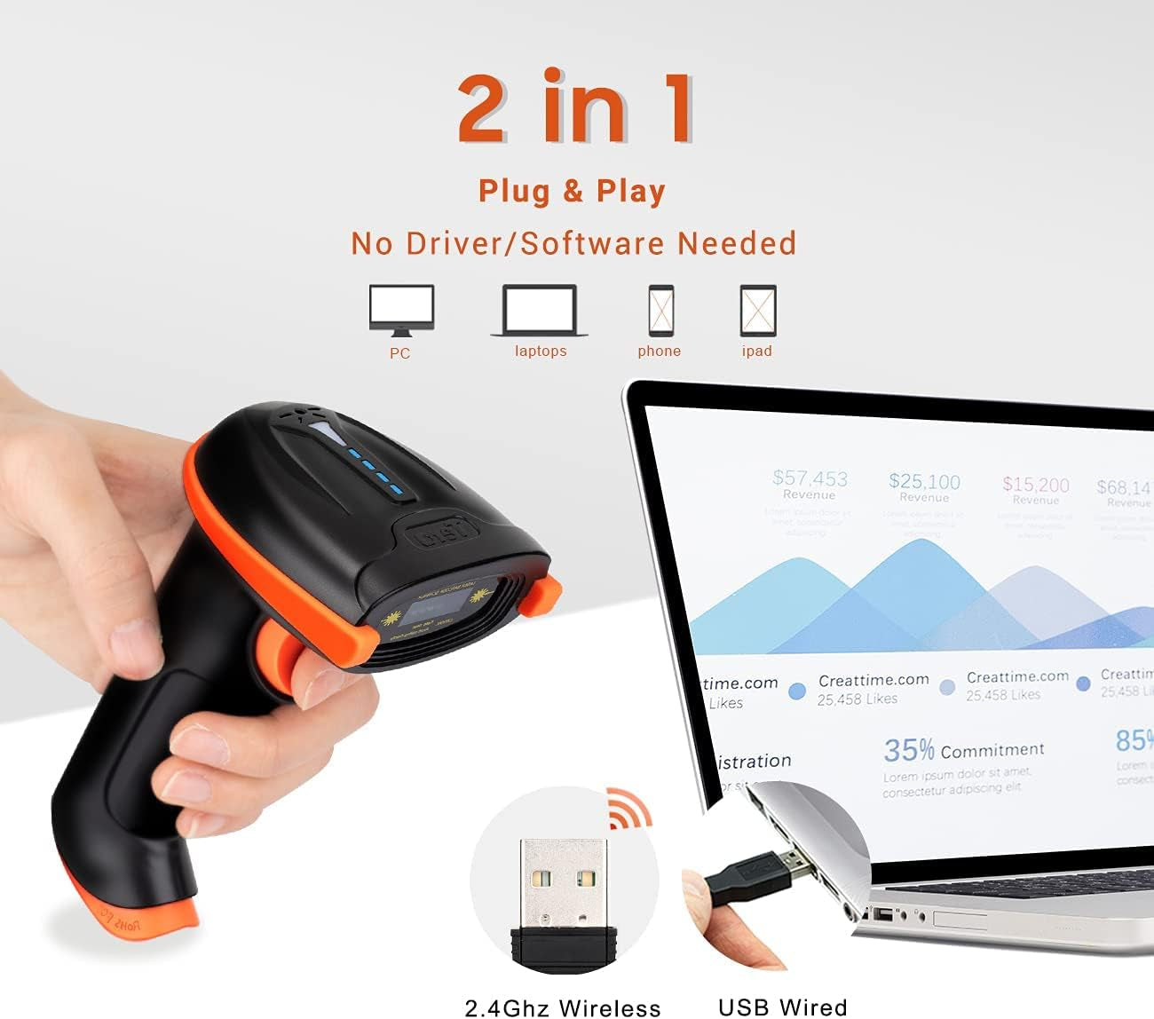 Barcode Scanner Wireless 1D Laser Cordless Barcode Reader with Battery Level Indicator, Versatile 2 in 1 2.4Ghz Wireless and USB 2.0 Wired