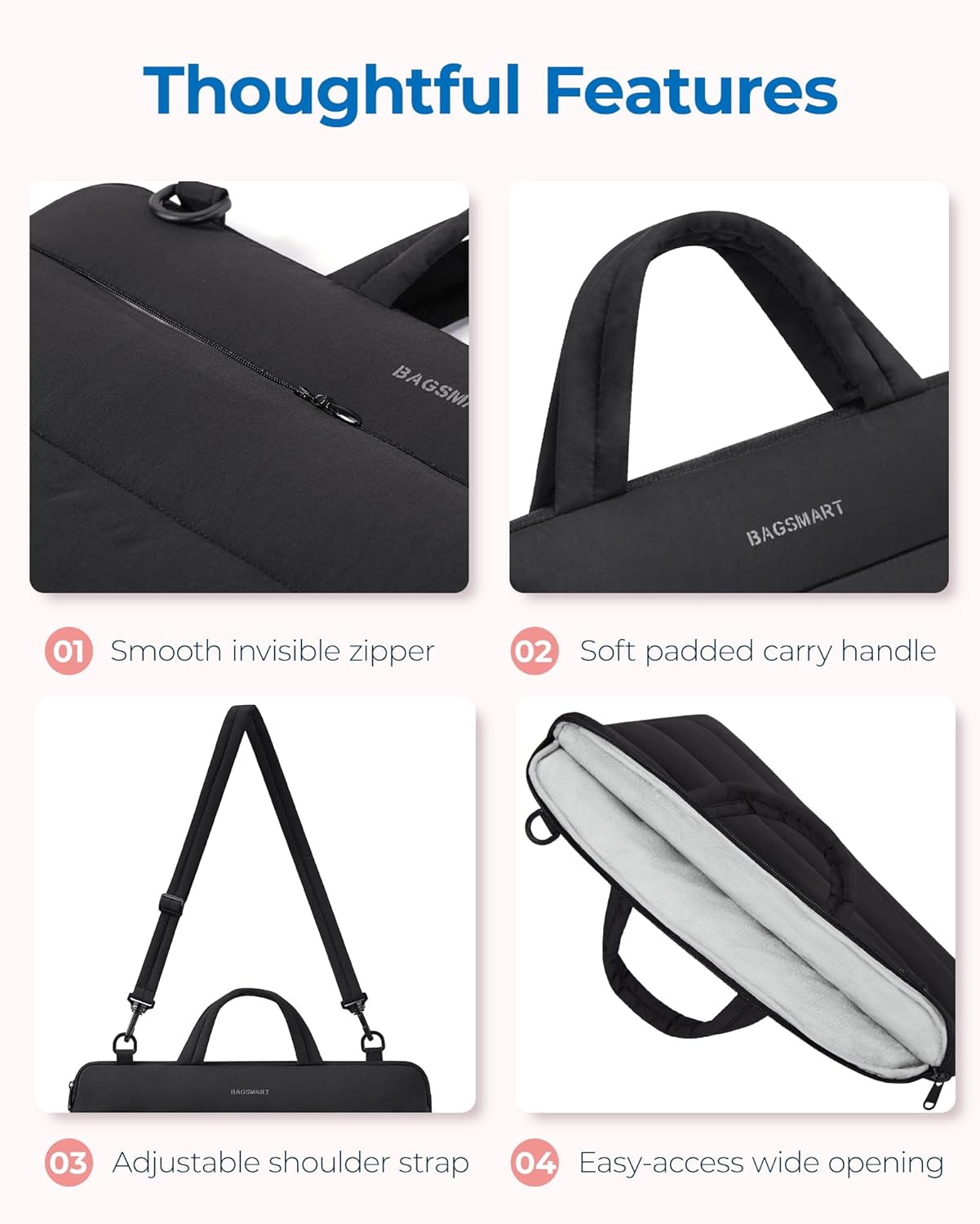 13-14 Inch Laptop Bag, Puffy Cute Laptop Case Sleeve with Handle for Women, Portable Macbook Air/Pro 13 Inch Case Sleeve with Strap, Black