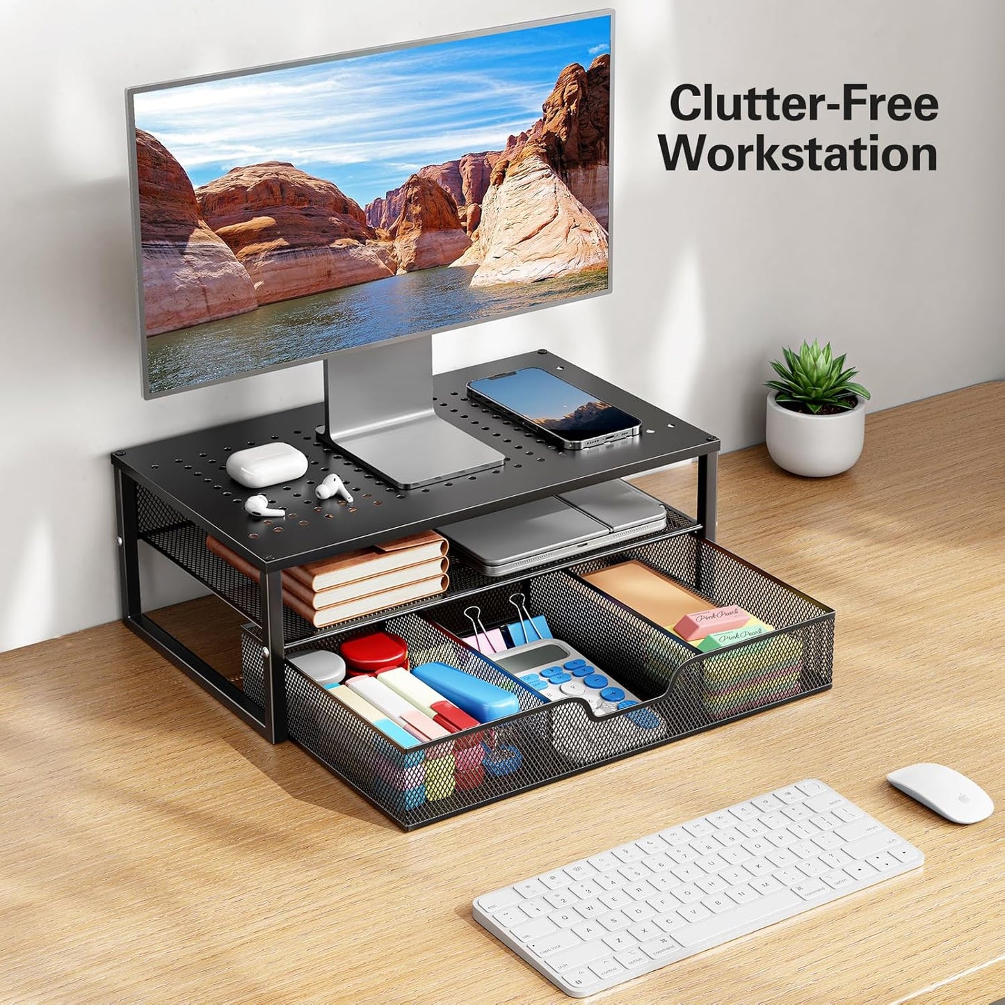 2 Tier Monitor Stand, Metal Monitor Riser with Storage, Computer Desk Organizer with Drawer for Laptop, Computer, PC, Black