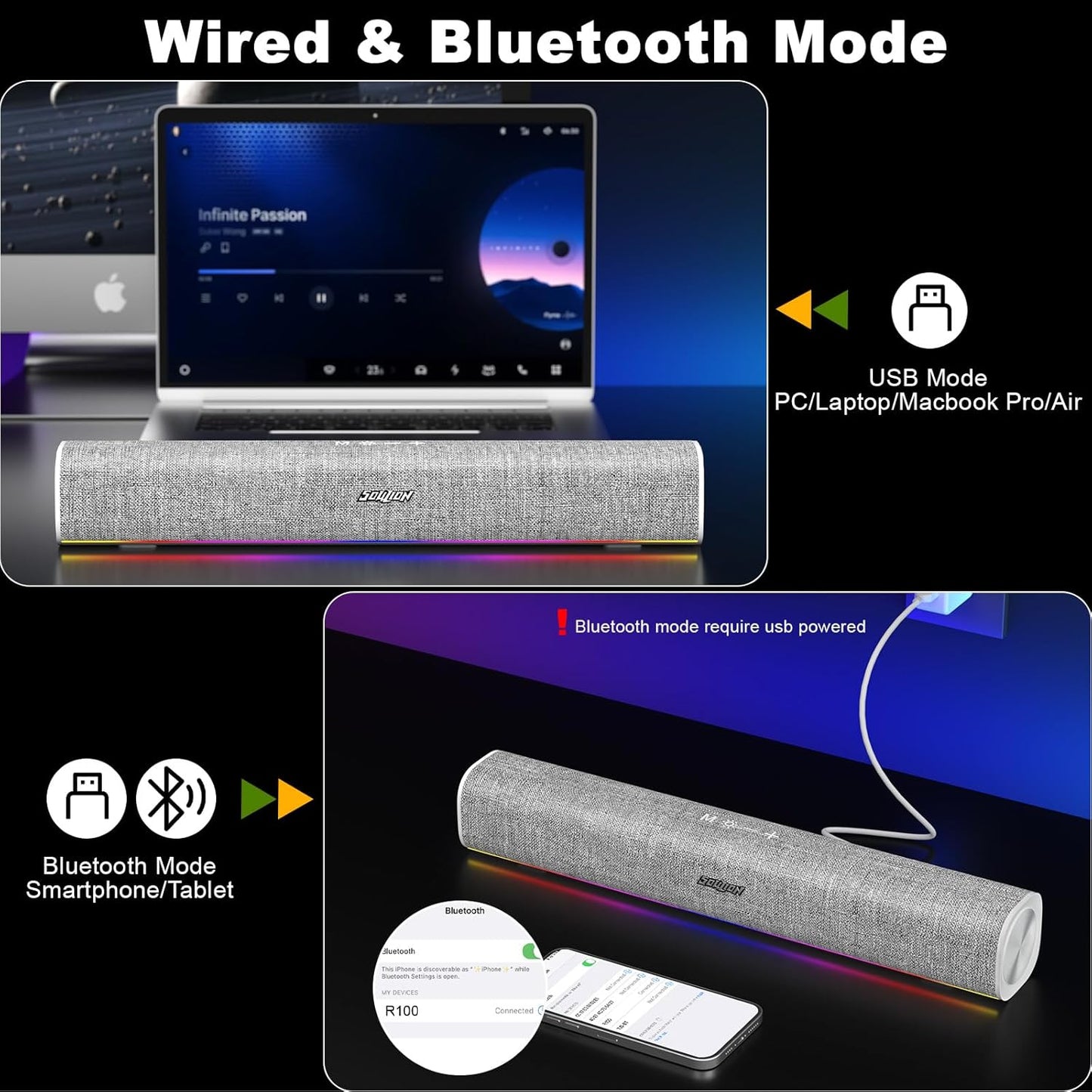 R100 Bluetooth Computer Speakers with Dynamic LED Light, USB Plug & Play PC Speakers with Switch Button, Clearly Sound Soundbar for Desktop Laptop Monitor White (USB-C to USB Adapter Included)