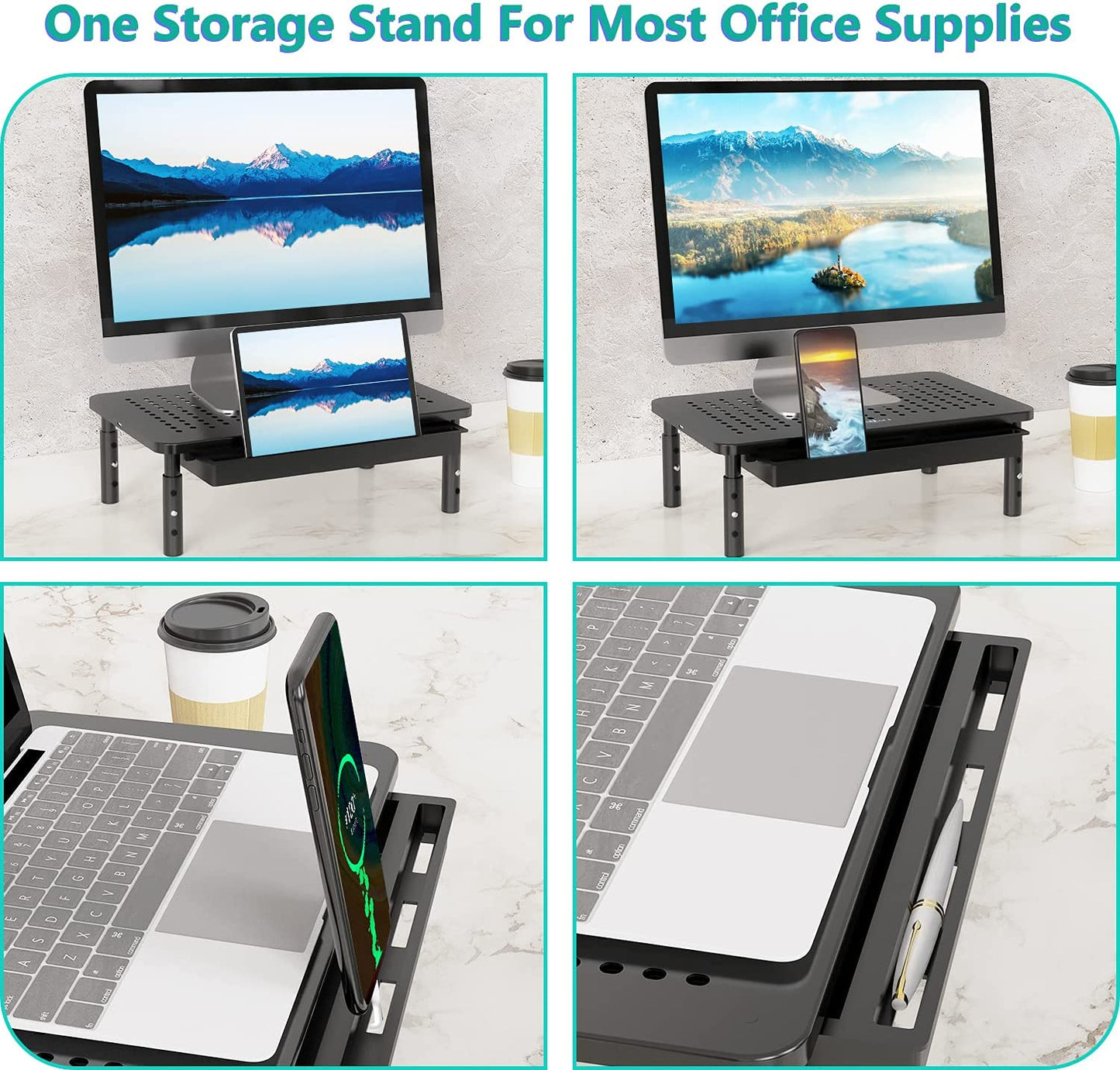 Computer Monitor Stand with Storage, Desk Monitor Riser 3 Height Adjustable, Laptop Riser with Airflow Vents, Desk Organizer for Computer, Laptop, Printer, Notebook (STT003D-B), 1 Pack, Black