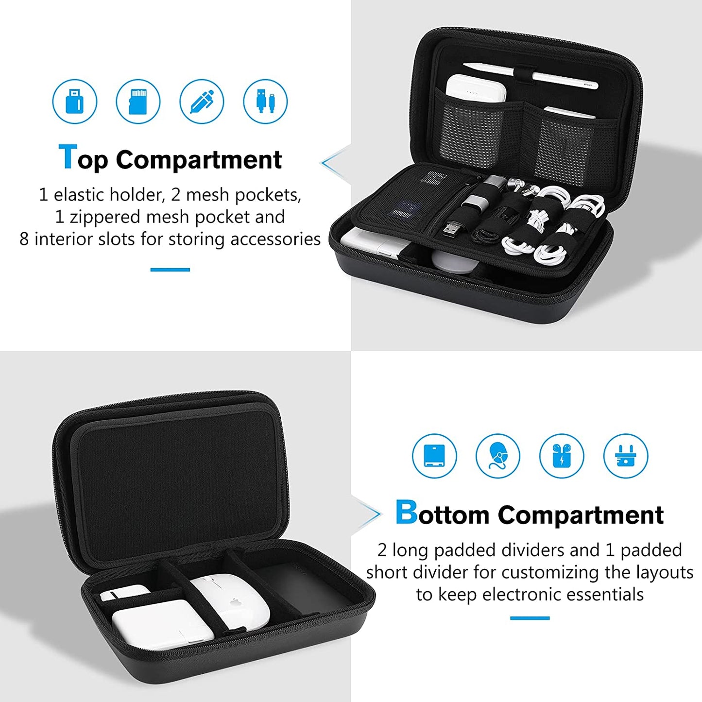 Hard Travel Electronic Organizer Case for Macbook Power Adapter Chargers Cables Power Bank Apple Magic Mouse Apple Pencil USB Flash Disk SD Card Small Portable Accessories Bag -L, Black