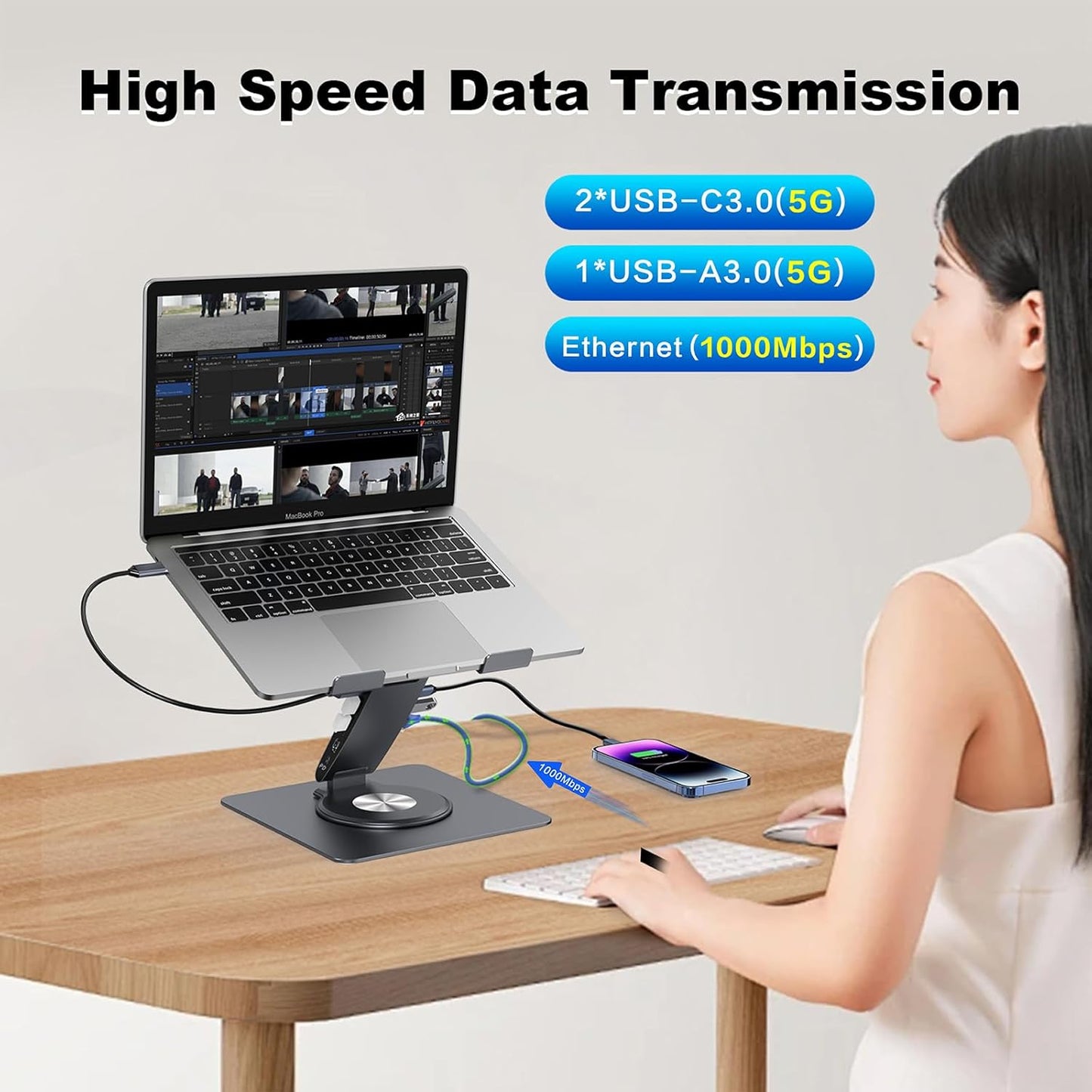 Laptop Docking Station for Macbook Pro/Air/Dell/Hp/Surface 11-In-1 USB C Hub 360°Rotatable Laptop Stand with USB Hub 4K HDMI USB 3.0 PD100W 3.5Mm Audio Jack RJ 45 TF/SD Reader Universal Laptop Dock