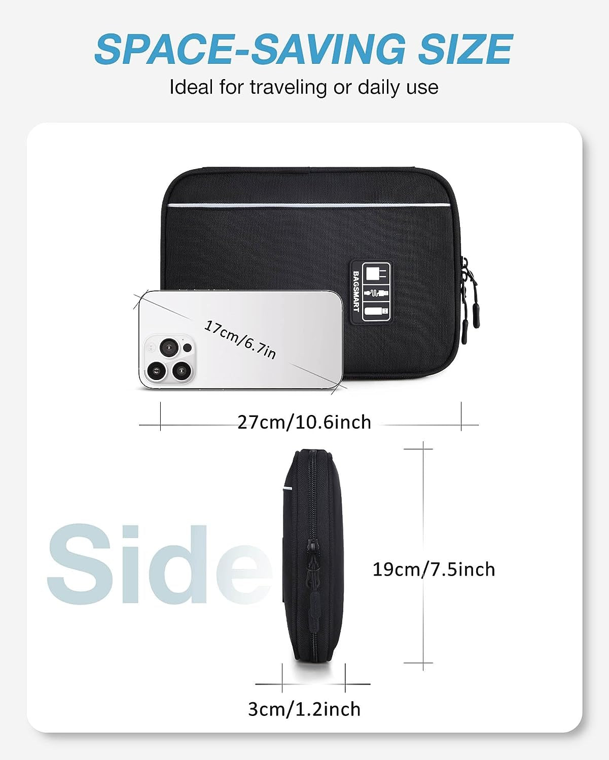 Electronics Travel Organizer Case, Tech Accessories Cord Storage Bag for Phone, Power Bank, SD Card, Cables, Black