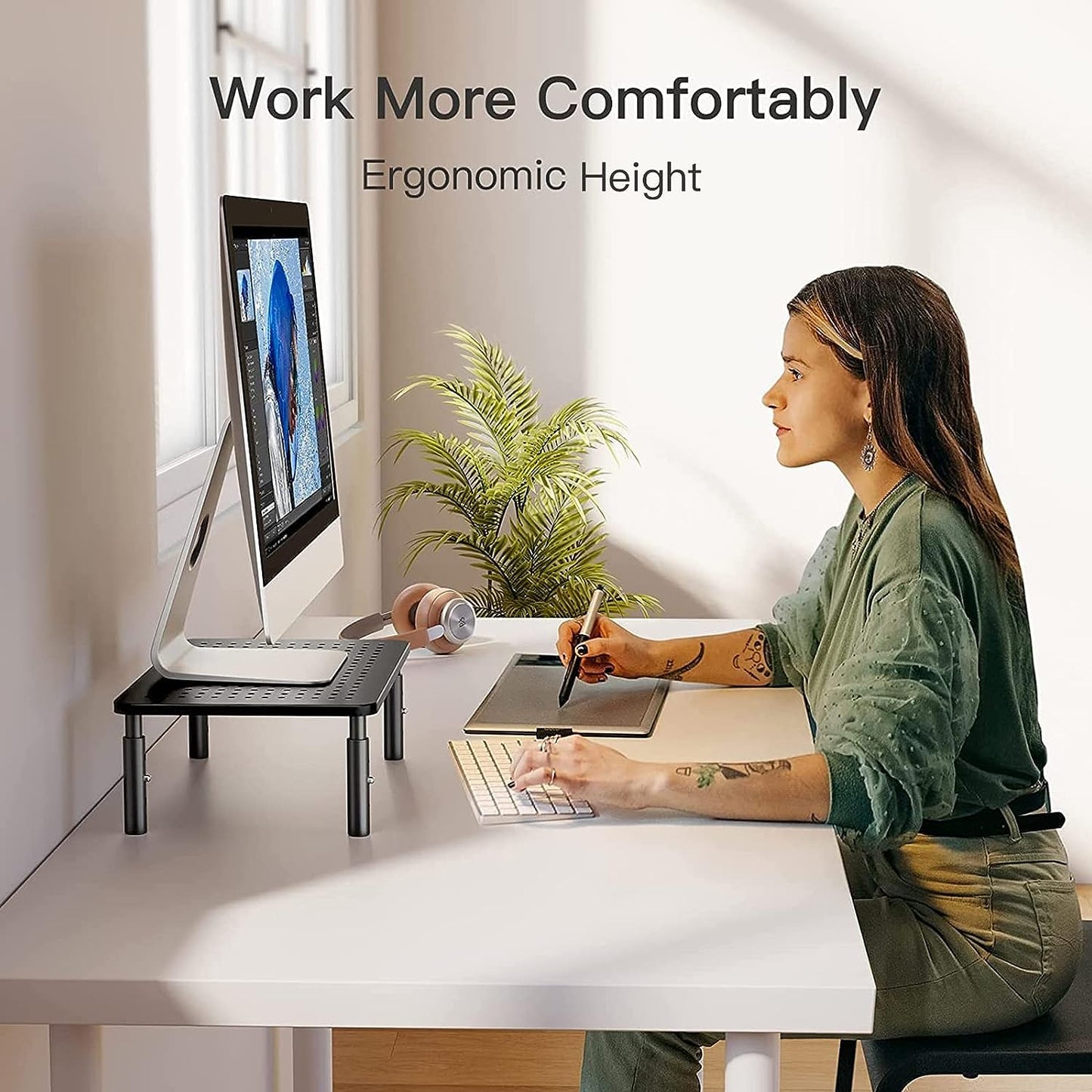 Monitor Stand, Monitor Stand Riser 3 Height Adjustable, Monitor Riser with Airflow Vents, Laptop Stand for Desk, Laptop Riser, Desk Organizer for Monitor, 15.6" Laptop, PC, Printer