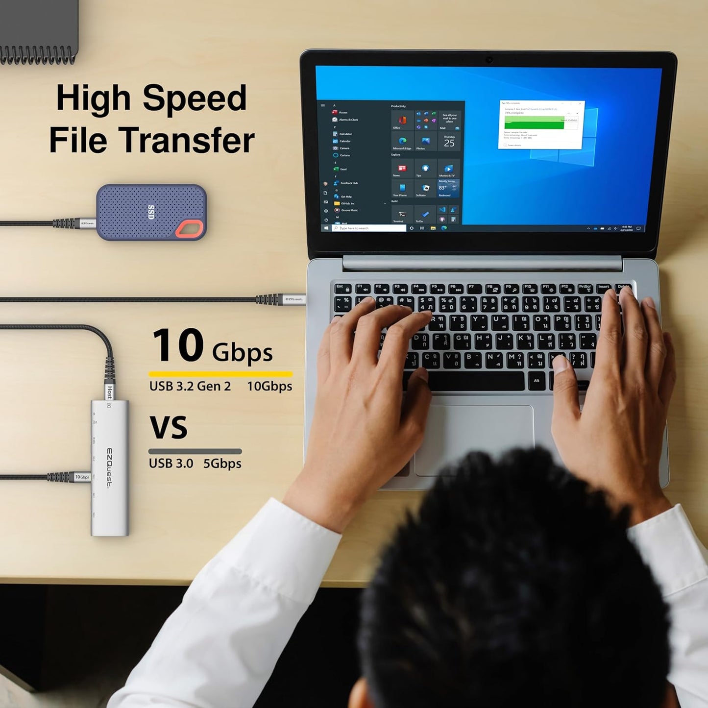 USB-C Slim Gen 2 Hub Adapter 6-In-1 1 USB-C 4K/60Hz Video, 4 USB-C Gen 2 10Gbps, and 1 USB-C Power Delivery 3.0