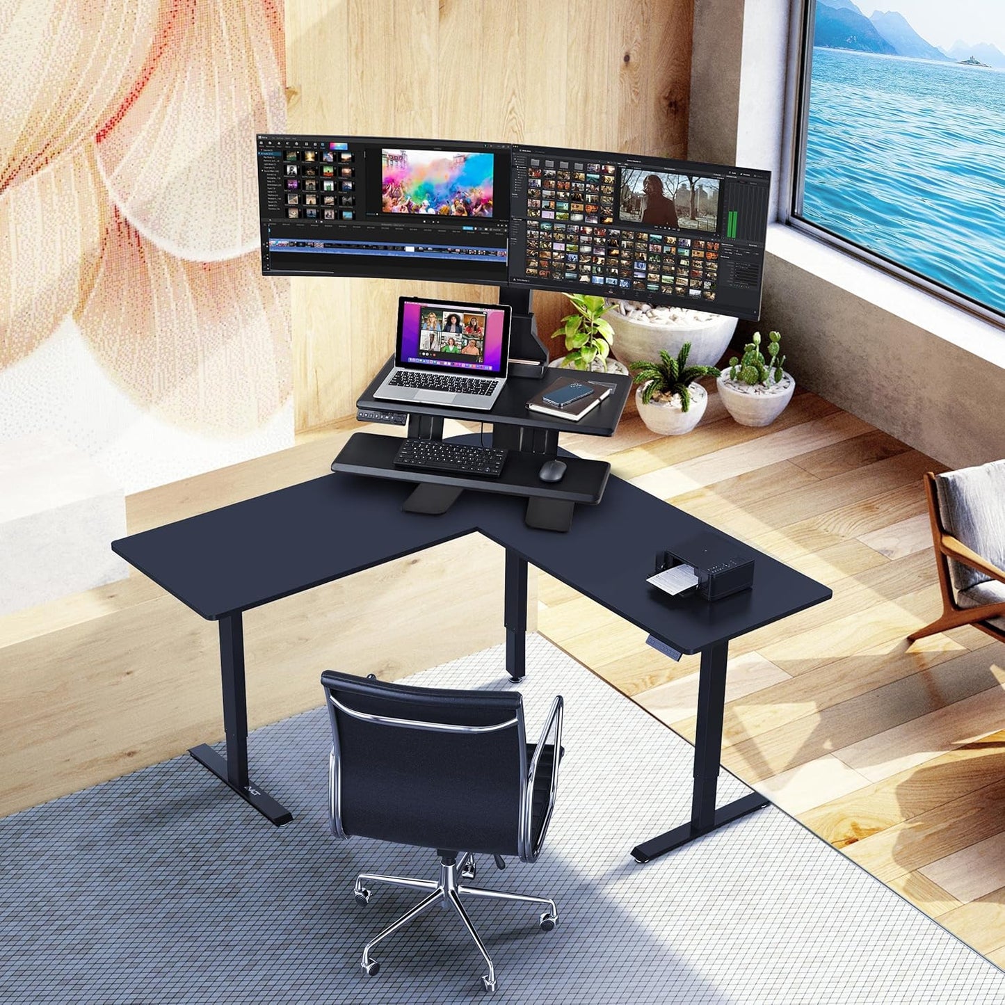 Dual 32" Monitor Electric Standing Desk Converter with Huge Keyboard Tray Extra Large 28"X 16" Spacious Tabletop Motorized Automatic Height Adjustable Sit to Stand Table Sturdy Small Footprint