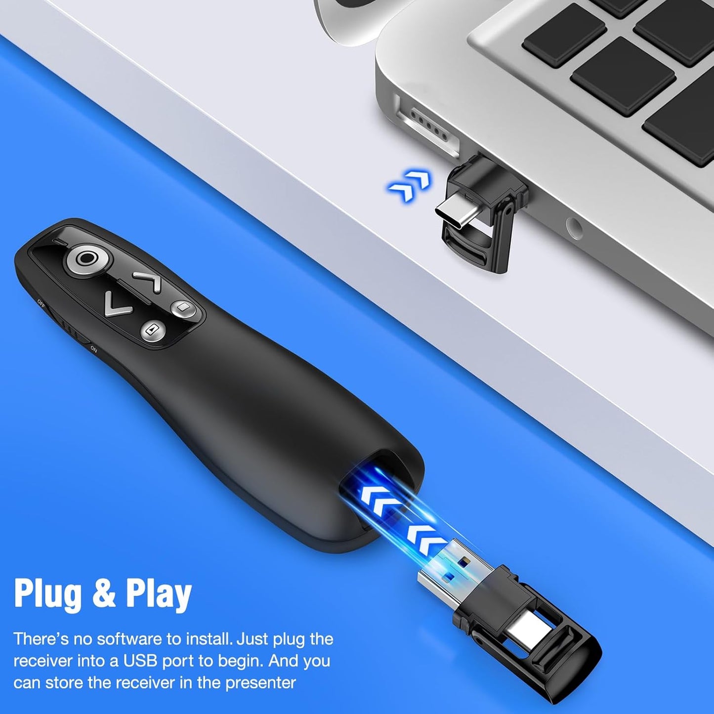 2-In-1 USB Type C Presentation Clicker Wireless Presenter Remote for Powerpoint, Powerpoint Clicker with Volume Control Powerpoint Slide Advancer for Mac, Computer, Laptop-E600