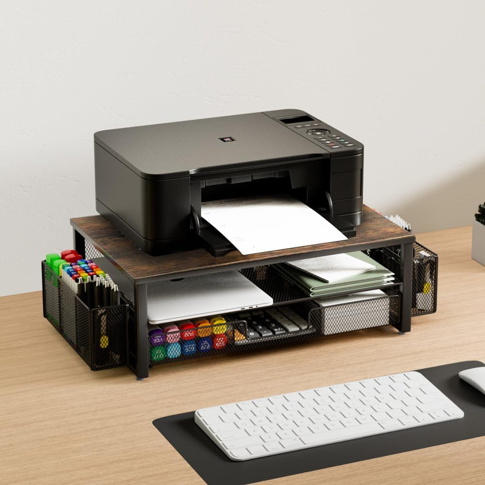 Monitor Stand Riser, Desk Organizer with Drawer and Pen Holder, 2-Tier Computer Stand, Office Desk Accessories, Office Organization (Wood)