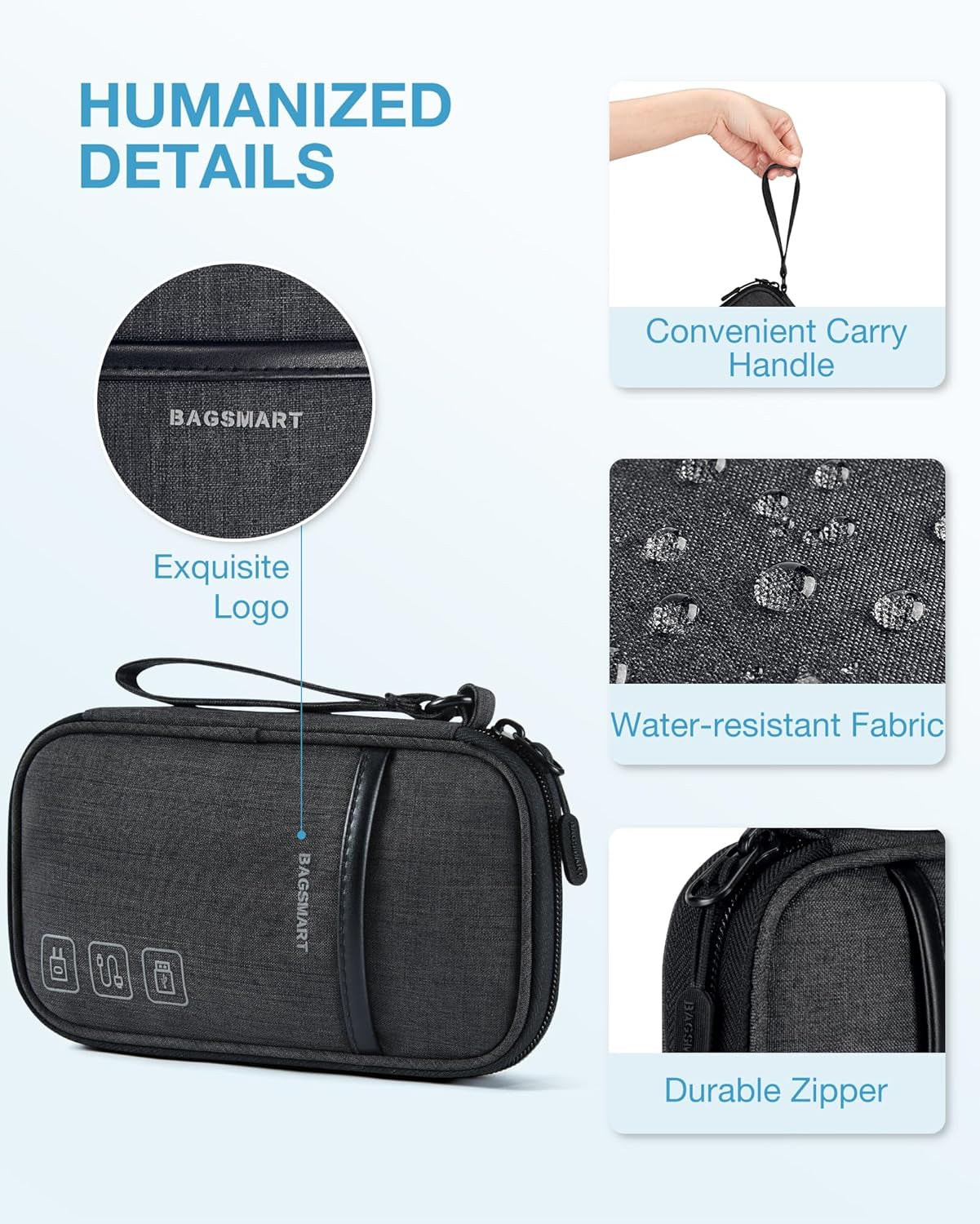 Cord Organizer Travel Cable Organizer Bag Tech Electronic Organizer Travel Case, Travel Essentials for Charger, Cable, Phone, Flash Drive, Single Layer - Black