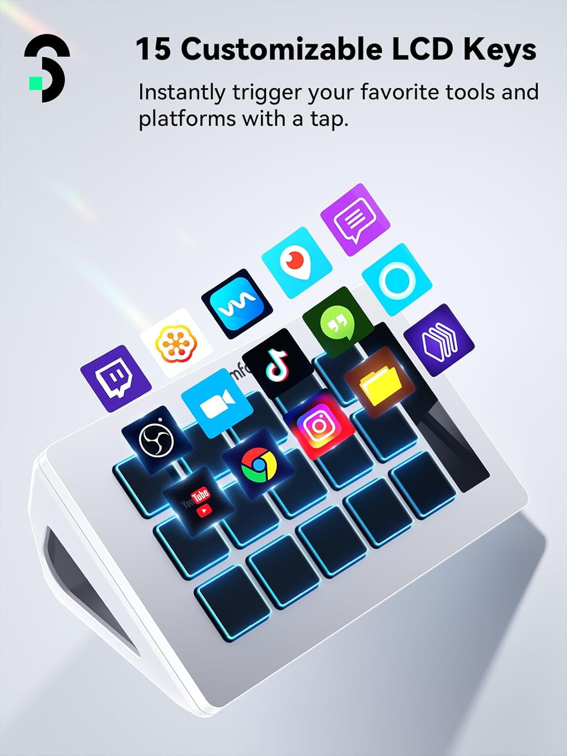 Stream Controller Stream Control Deck with 15 LCD Macro Keys Customizable for Content Creators Streaming Gaming to Trigger Actions in OBS, Youtube, Twitch and More, Compatible with PC & MAC