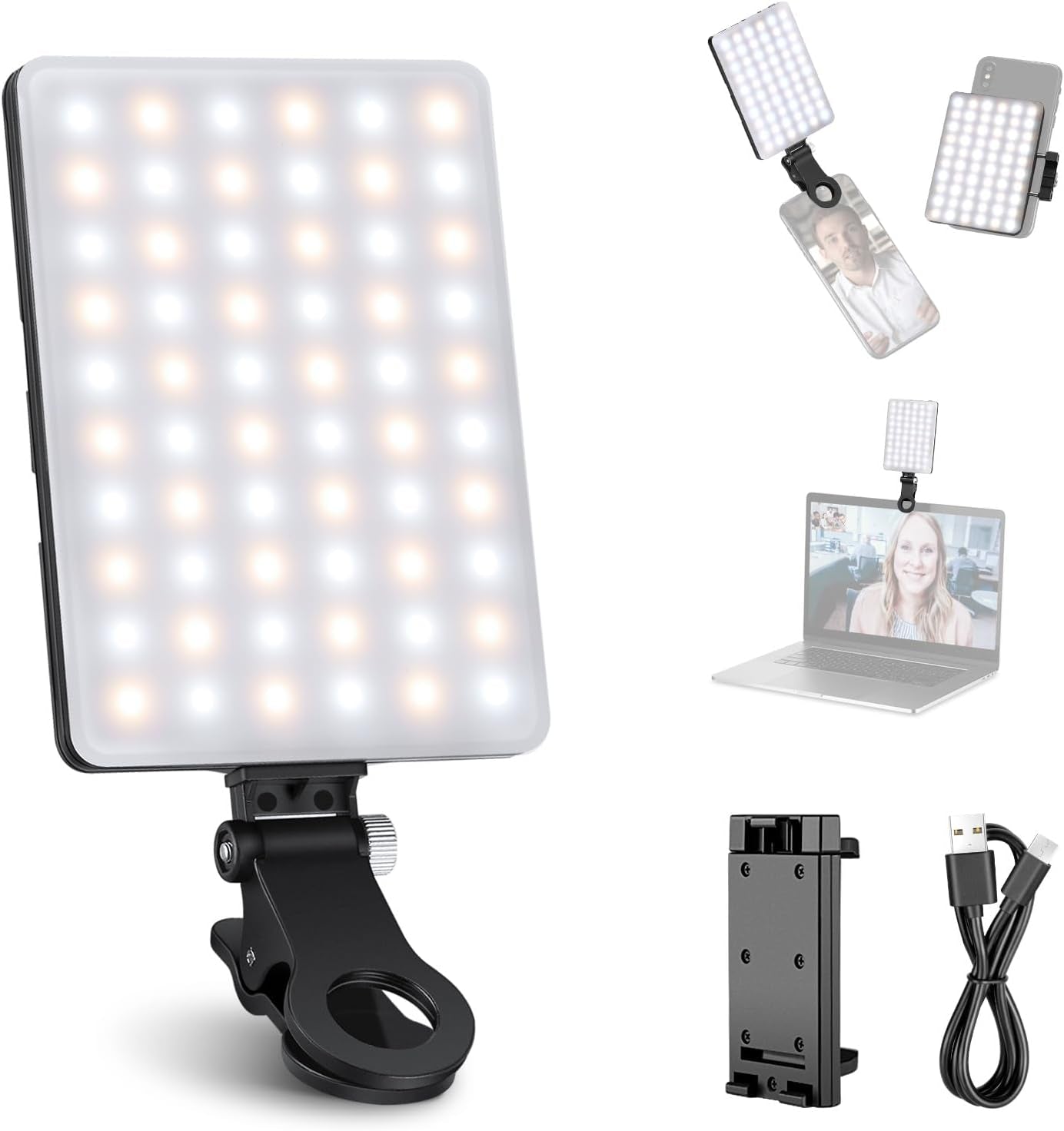 Basic Selfie Light with Front & Back Phone Clip, 60 LED 2000Mah Rechargeable CRI 95+, 3 Light Modes, Portable Clip on Light for Phone/Tablet/Laptop, Zoom Call Tiktok Video Fill Light - NL-60AI