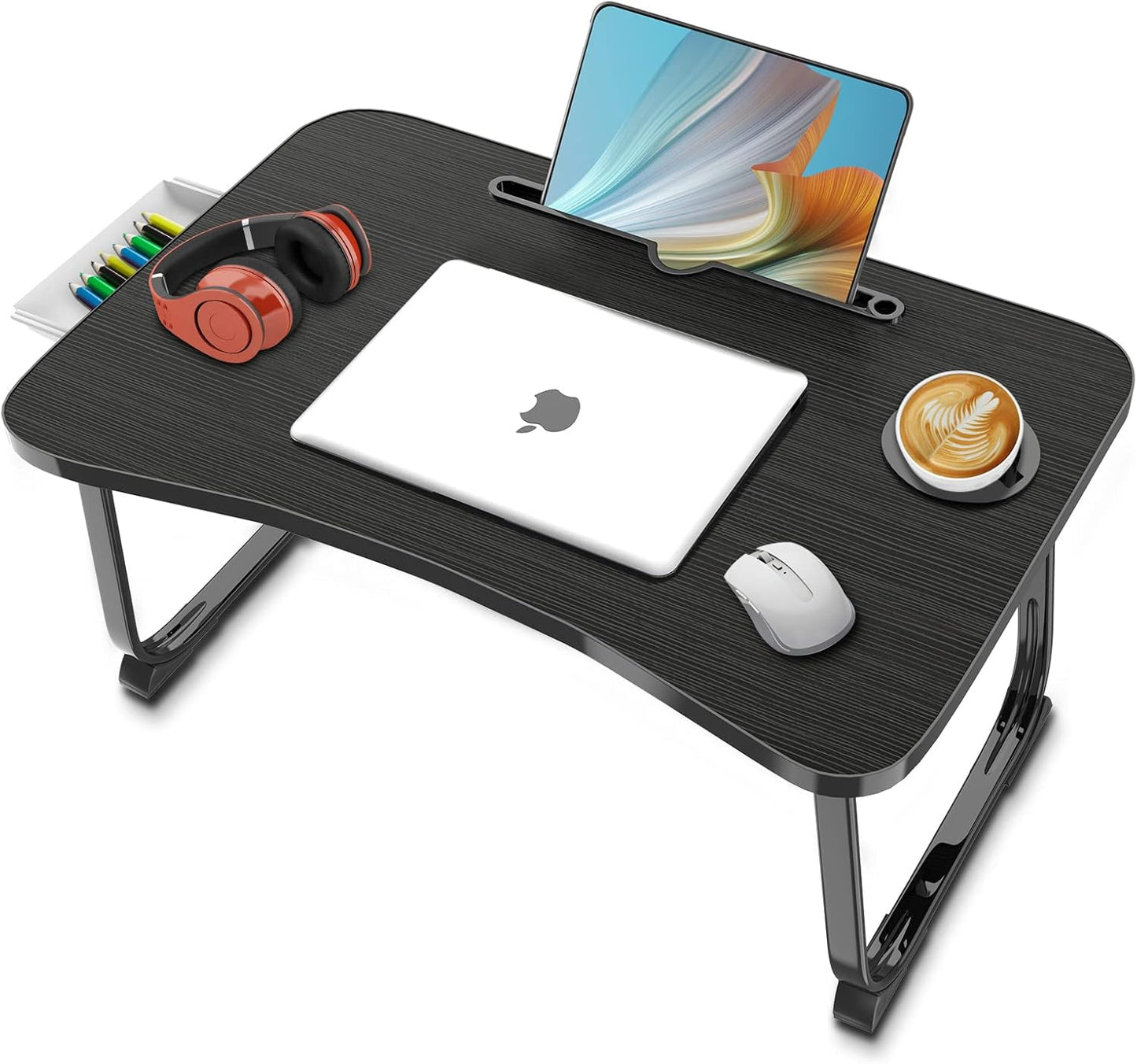 Portable Foldable Lap Desk with Storage Drawer and Cup Holder - Laptop Bed Stand Tray Table for Eating, Reading and Working