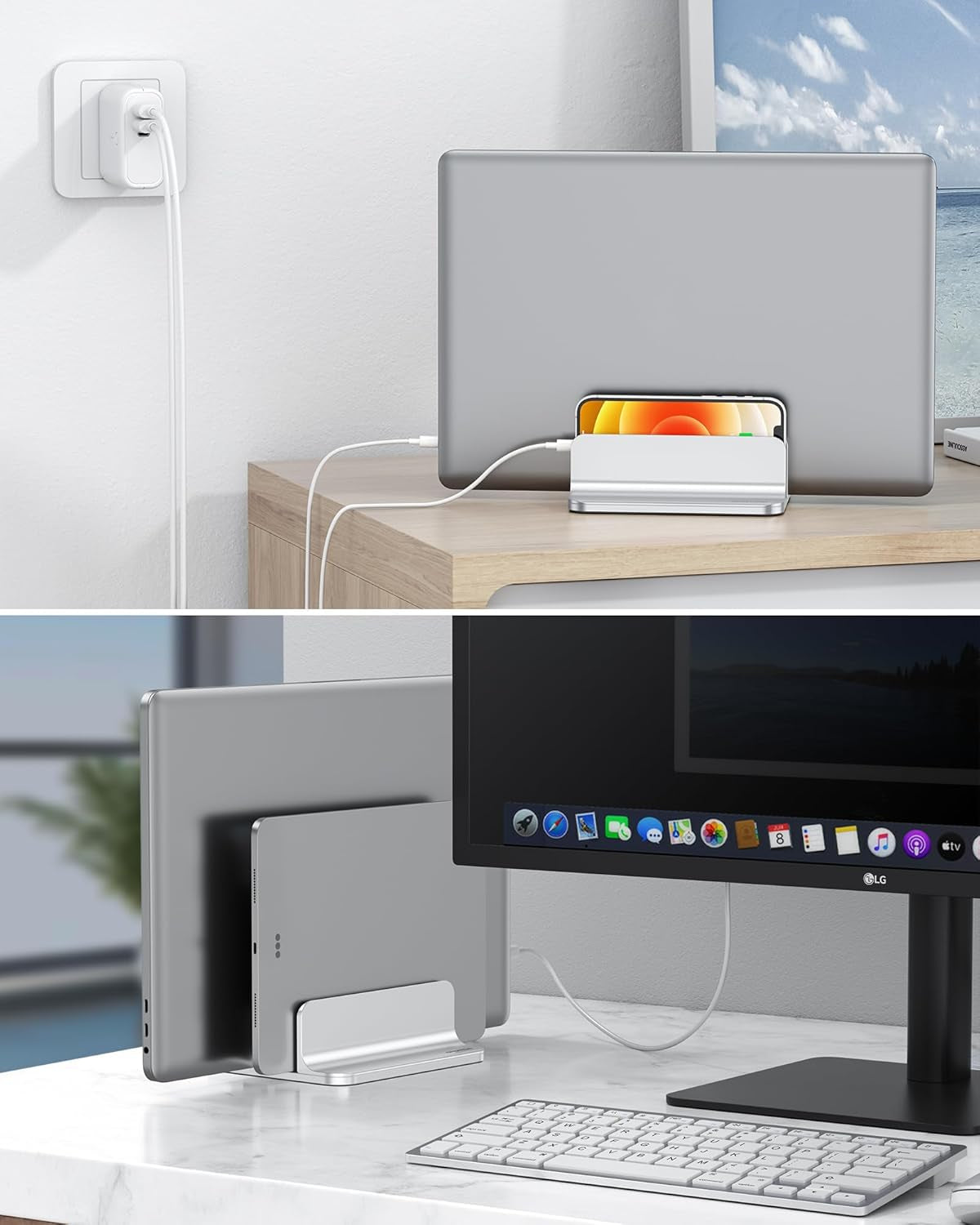 [Updated Dock Version Vertical Laptop Stand, Double Desktop Stand Holder with Adjustable Dock (Up to 17.3 Inch), Fits All Macbook/Surface/Samsung/Hp/Dell/Chrome Book (Silver)
