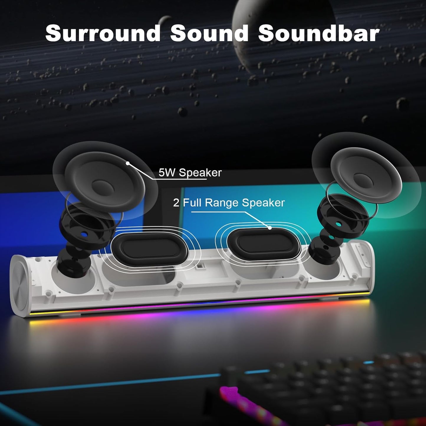 R100 Bluetooth Computer Speakers with Dynamic LED Light, USB Plug & Play PC Speakers with Switch Button, Clearly Sound Soundbar for Desktop Laptop Monitor White (USB-C to USB Adapter Included)