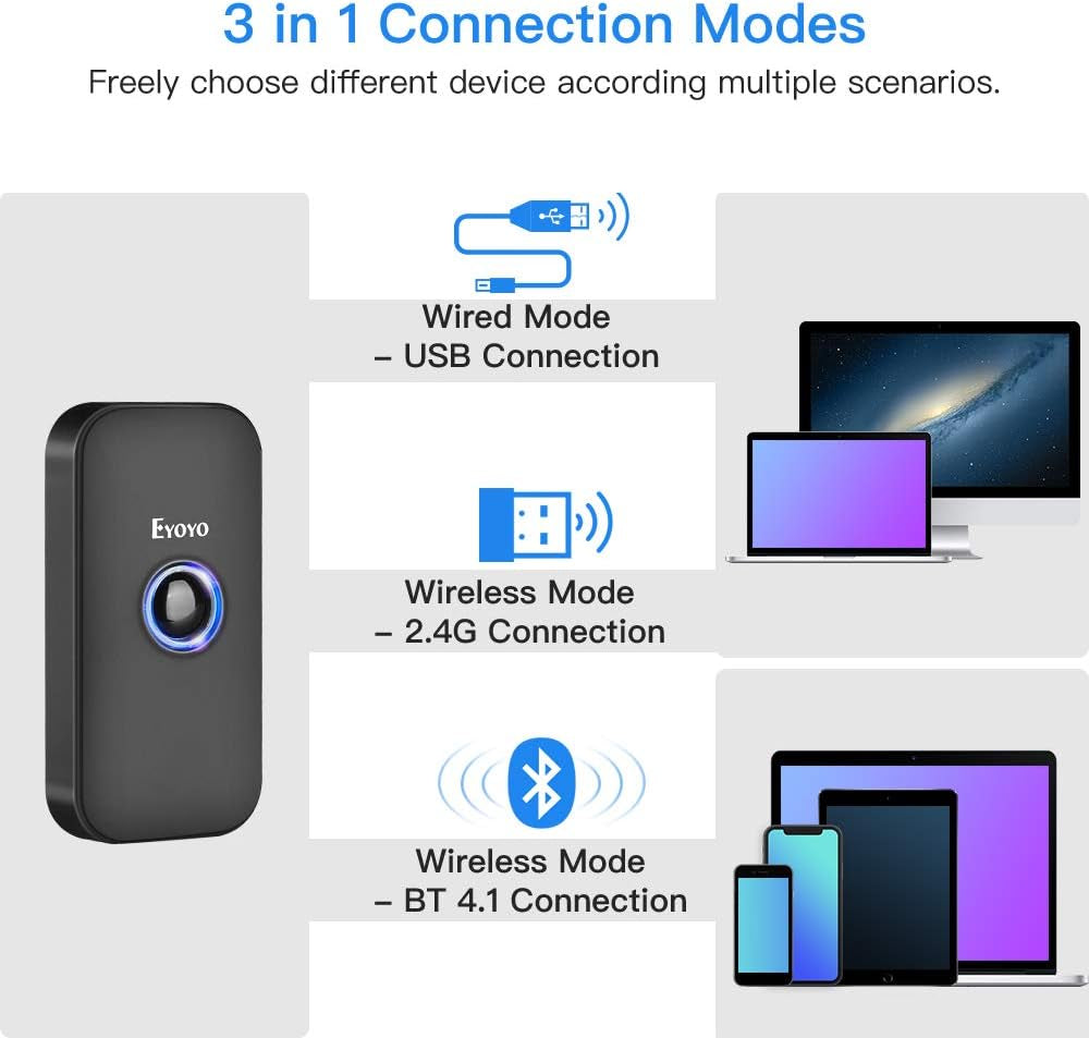 Mini 1D Bluetooth Barcode Scanner, 3-In-1 Bluetooth & USB Wired & 2.4G Wireless Barcode Reader Portable Bar Code Scanning Work with Windows, Android, Ios, Tablets or Computers