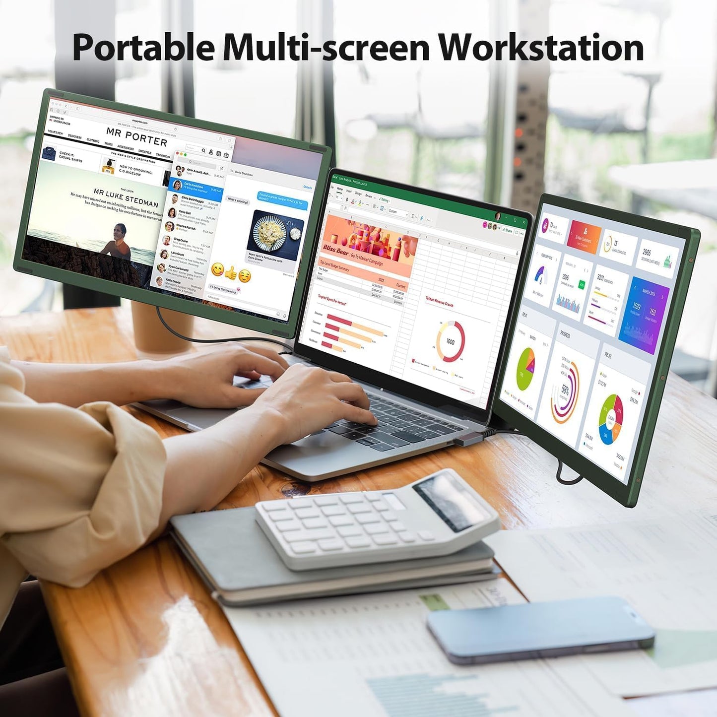 14’’ Triple Laptop Screen Extender, 1080P FHD Portable Dual Monitor for Laptop USB C HDMI, Plug-Play Laptop Monitor Extender for Triple Display for Mac/Windows, Fit 13”-17.3” Laptops