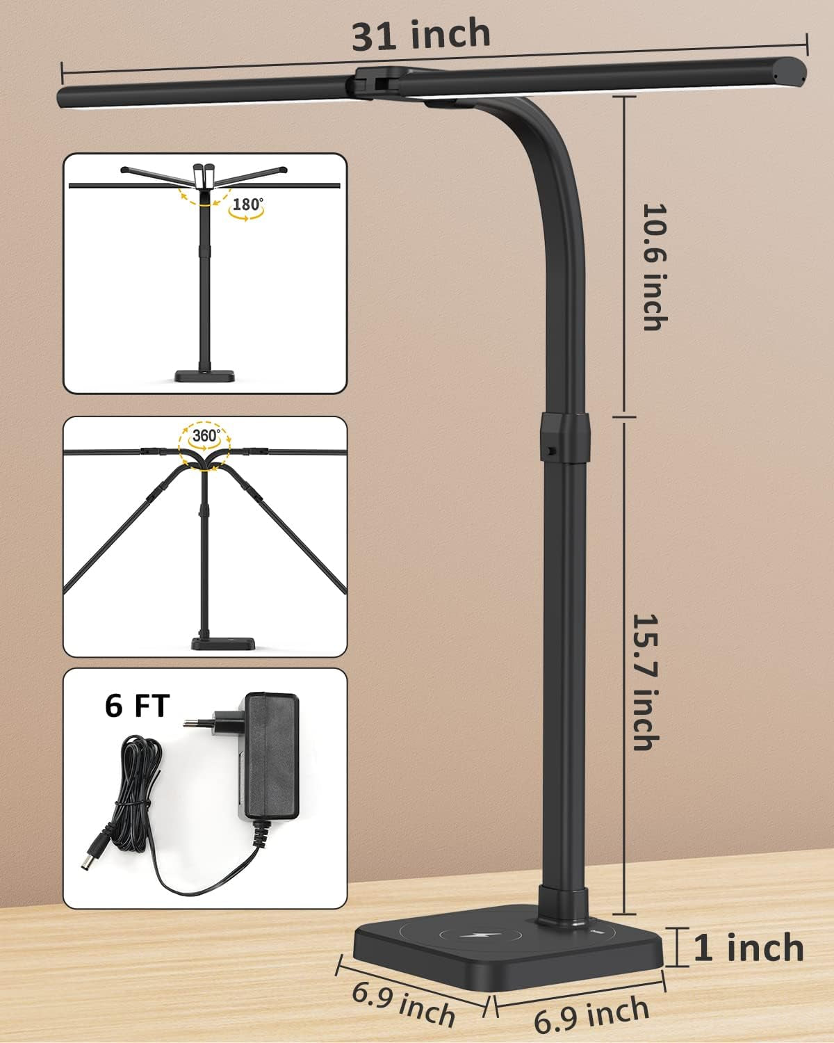 LED Desk Lamp for Home Office, Double Head 24W with Base, Architect Light 5 Lighting Brightness Flexible Gooseneck Table Reading Study, Black