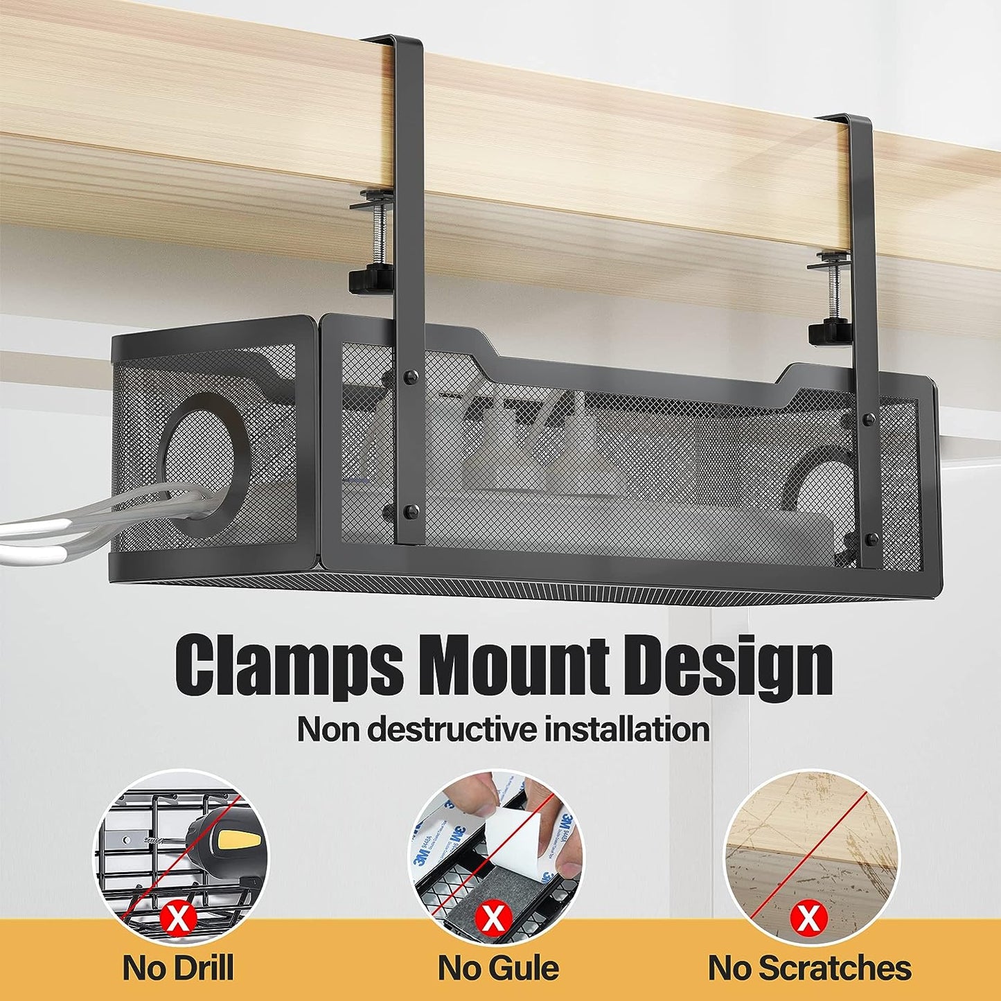 Under Desk Cable Management Tray Black, Wire Organizers No Drill, Cable Tray with Clamp for Wire Management, Cord Organization Box for Office, Home - No Damage to Desk