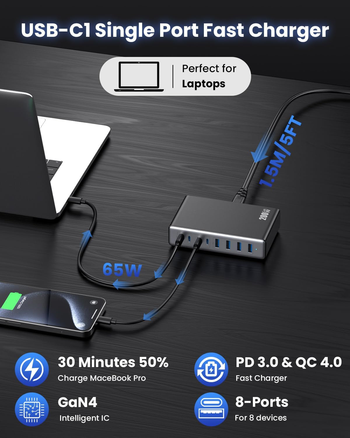 200W USB C Charger Block,Gan IV Charging Station 8 Ports,Qc4.0 Fast Charging Station Hub+Pd 65W USB C Laptop Charger Adapter Compatible with Macbook Air/Pro,Dell,Iphone 16/15,Ipad,Steam Deck-Black