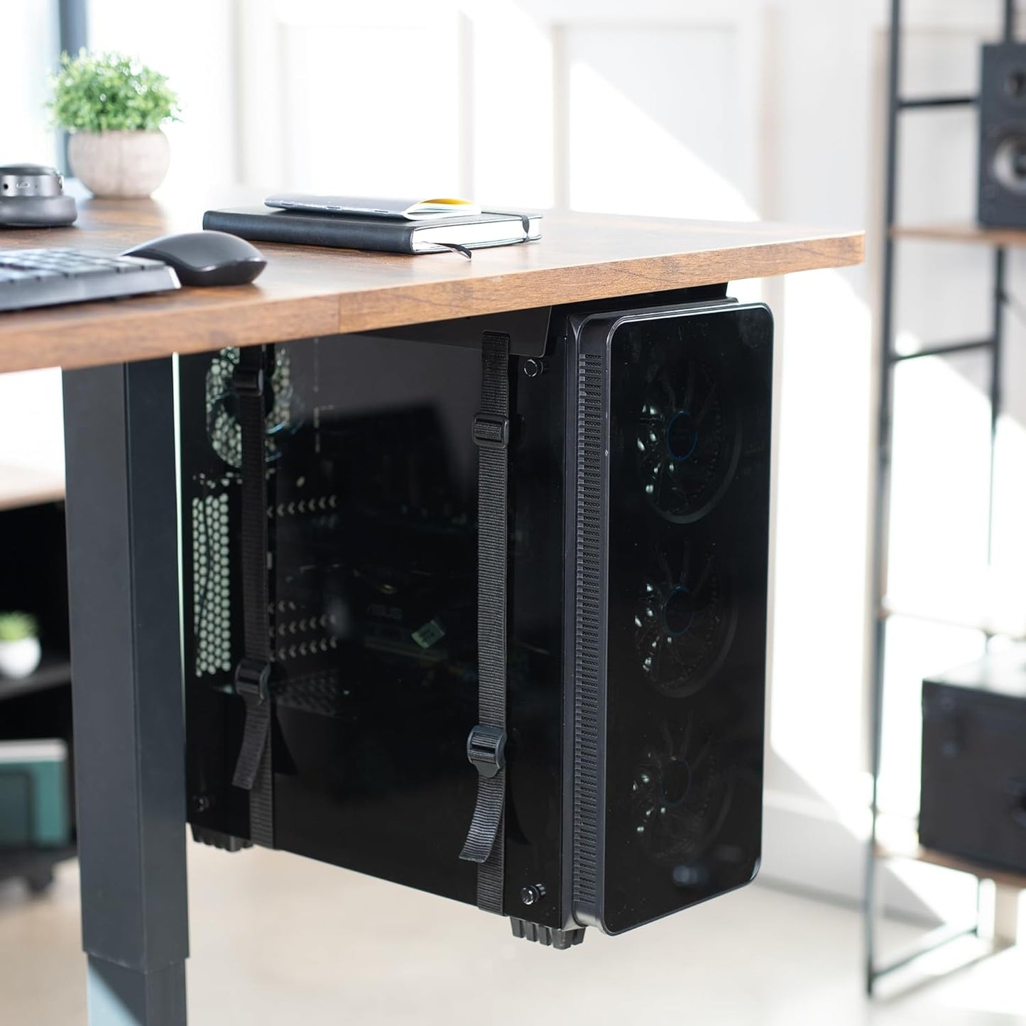 Under-Desk and Wall Mount PC Adjustable Strap and Steel Bracket Holder, Computer Case Carrier, Black, MOUNT-PC02S