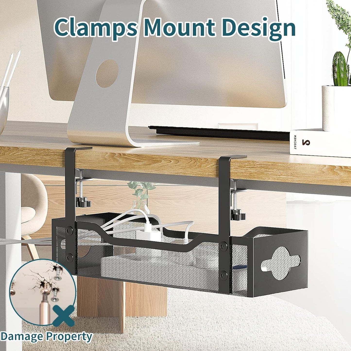 Under Desk Cable Management Tray No Drill, Metal Mesh Cable Management under Desk with Clamp Mount, 2 Hole Cable Tray with Wire Management and Cord Organizer for Home Office Standing Desk