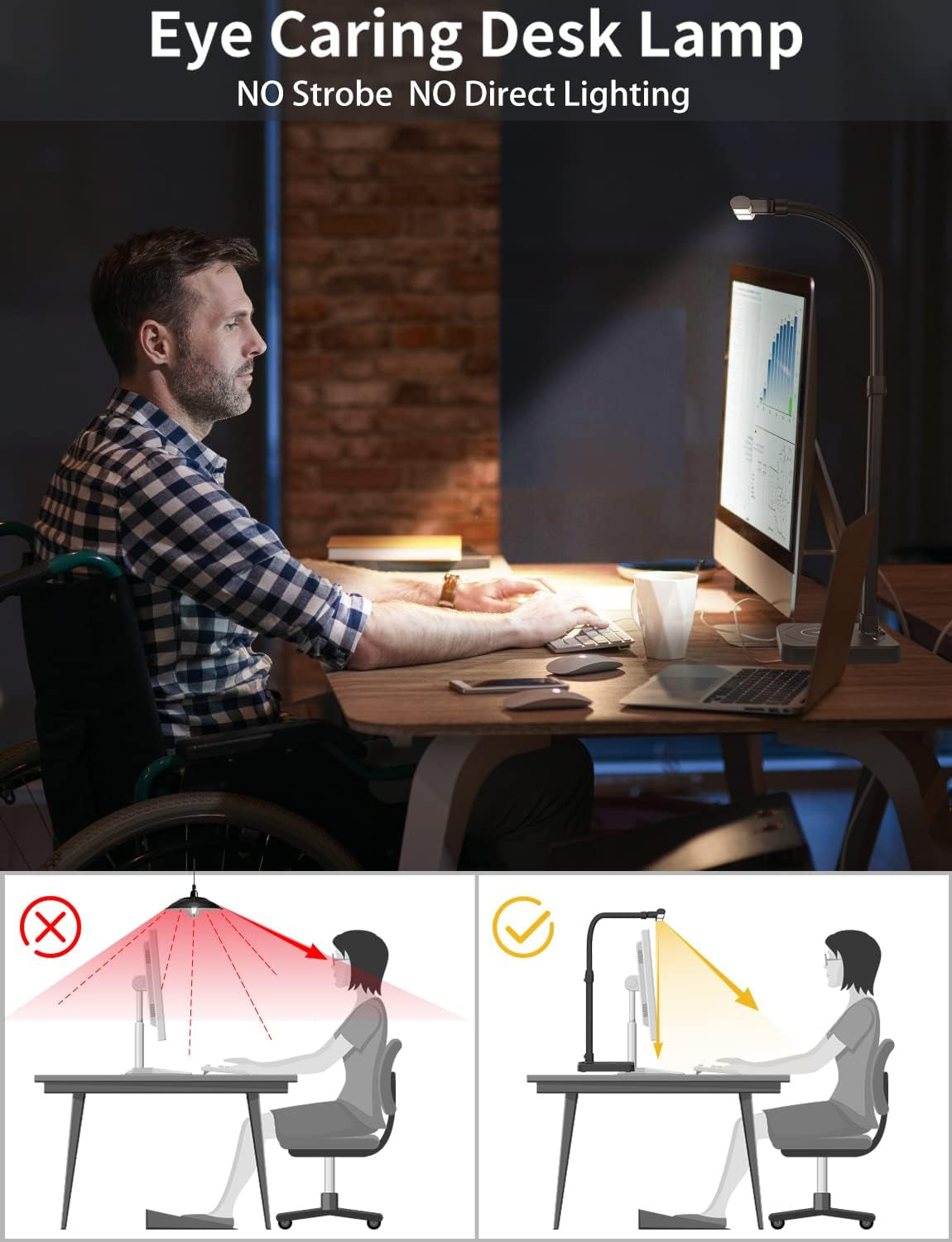 LED Desk Lamp for Home Office, Double Head 24W with Base, Architect Light 5 Lighting Brightness Flexible Gooseneck Table Reading Study, Black