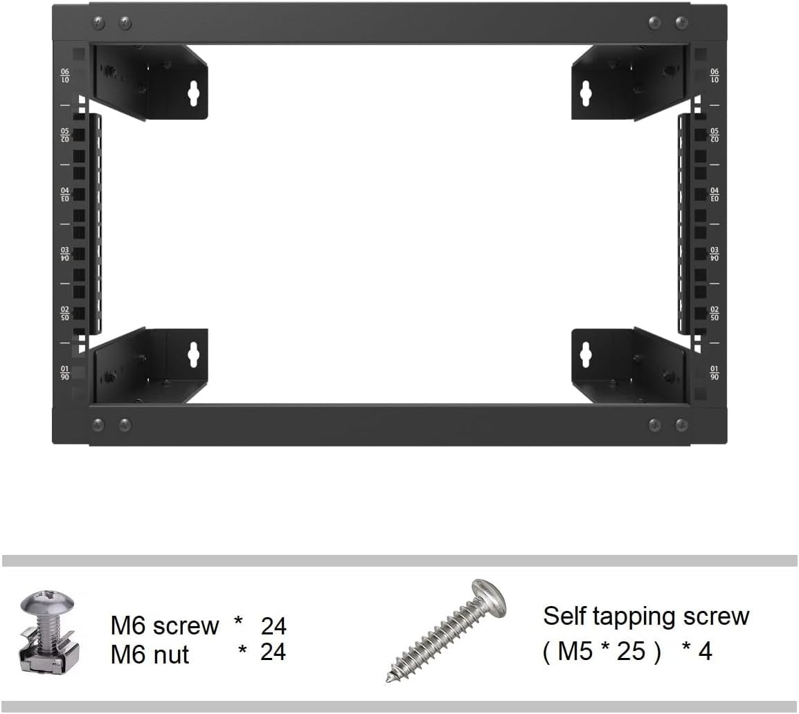 6U Wall Mount Open Frame Rack-19 Inch Server Equipment Rack- Adjustable Depth 13-18 Inches 2 Post Open Frame Cabinet- Black (6U13-18Ind)