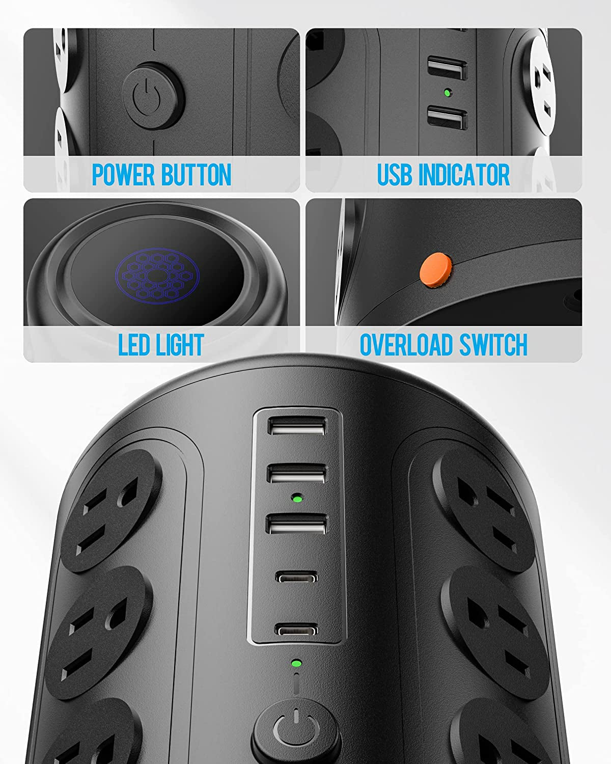 Heavy Duty Power Strip Tower with 16 Outlets and 5 USB Ports (2 USB-C), 1500J Surge Protector with Multiple Outlets, 6 FT Extention Cord for Home Office Desk, Dorm Room Essentials Black