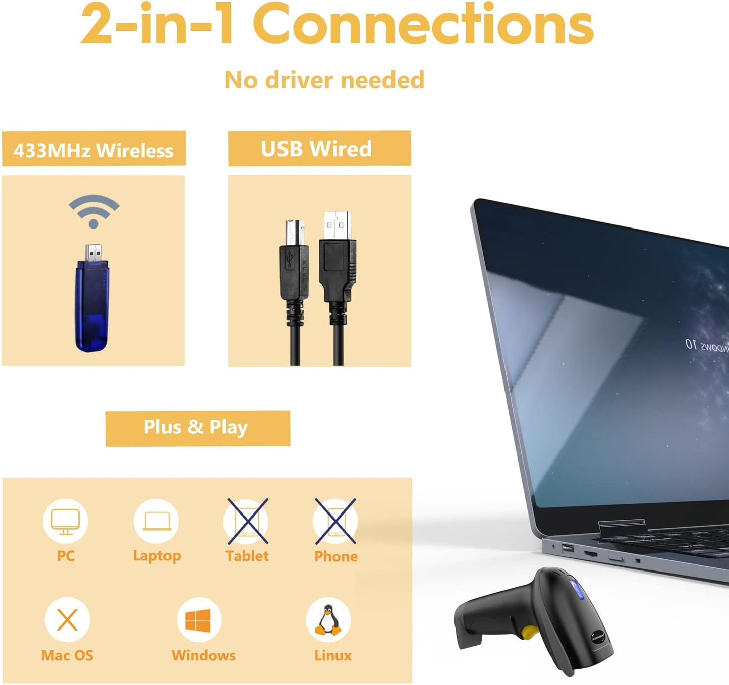 Wireless Barcode Scanner 328 Feet Transmission Distance USB Cordless 1D Laser Automatic Barcode Reader Handhold Bar Code Scanner with USB Receiver for Store, Supermarket, Warehouse