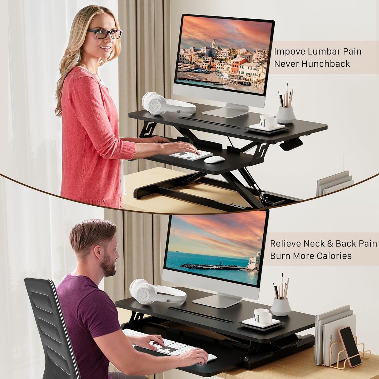 Standing Desk Converter, 32" Wide Height Adjustable Sit Stand up Desk Riser with Keyboard Tray, Desktop Workstation Riser for Home Office Computer Laptop, Particle Board, Black