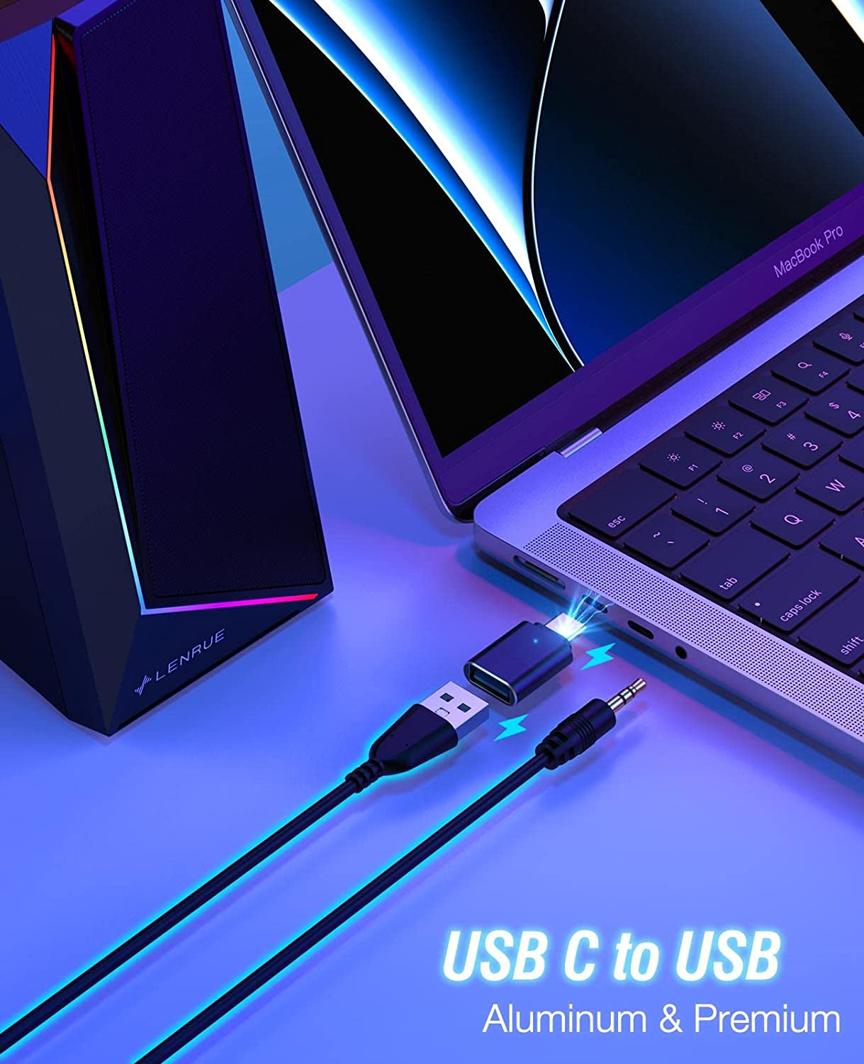 Computer Speakers, USB/USB-C Powered PC Speakers with Loud Stereo Sound, Headphone-In for Desktop, Imac, Macbook, Laptop, Monitor (USB-C to USB Adapter Included)