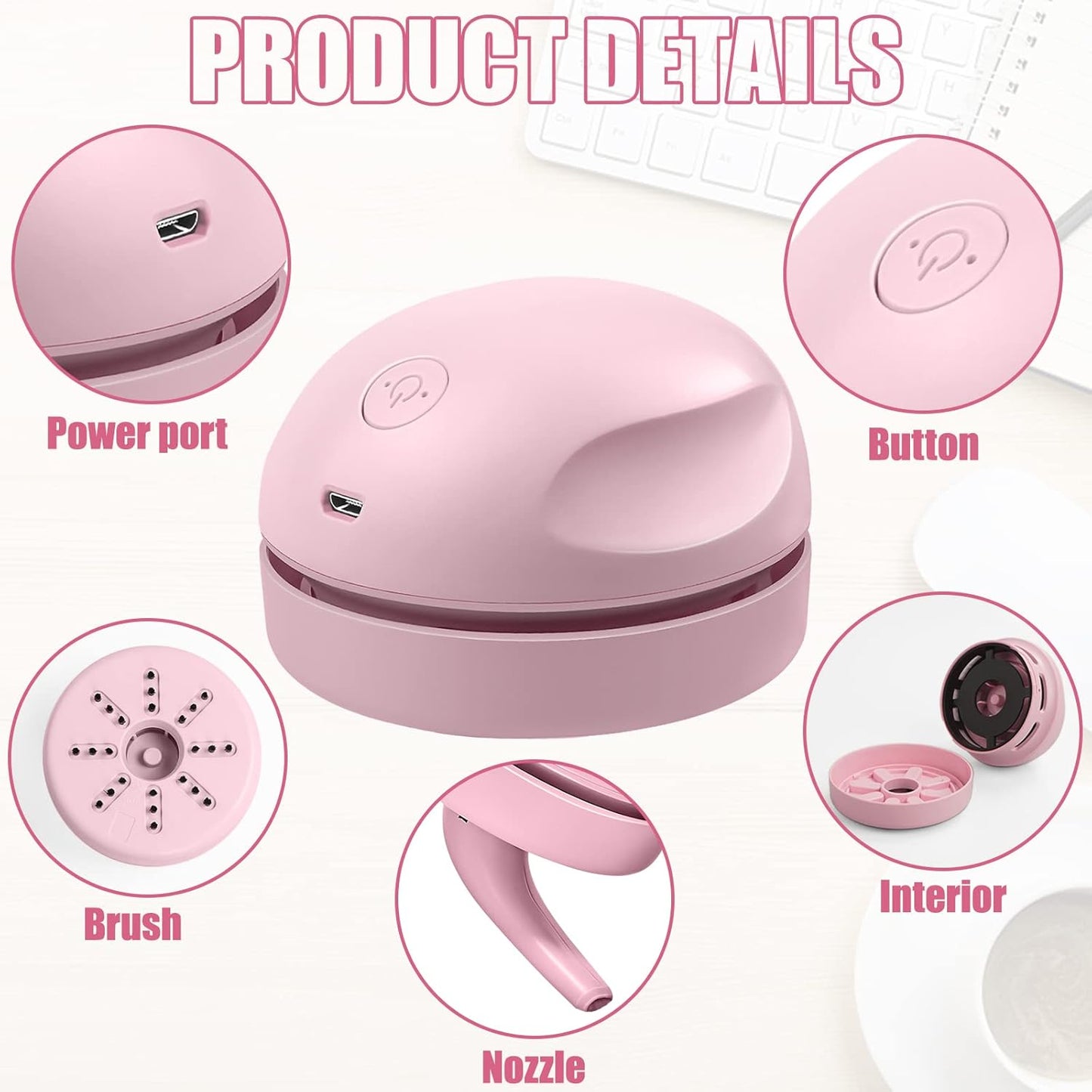 Portable Desktop Vacuum Cleaner, USB Charging, Pink, Best for Cleaning Dust, Crumbs, Piano, Computer, Car Etc.