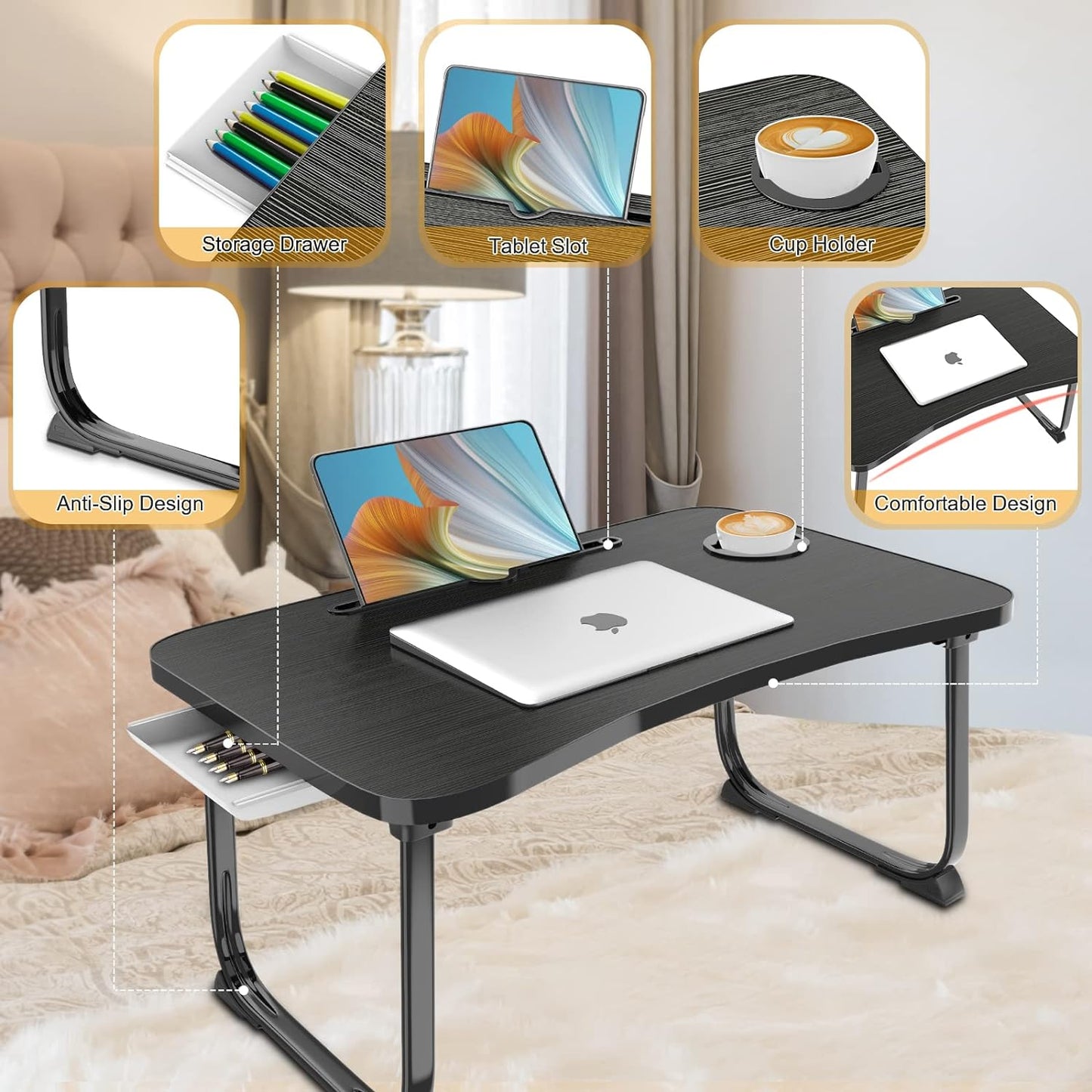Portable Foldable Lap Desk with Storage Drawer and Cup Holder - Laptop Bed Stand Tray Table for Eating, Reading and Working