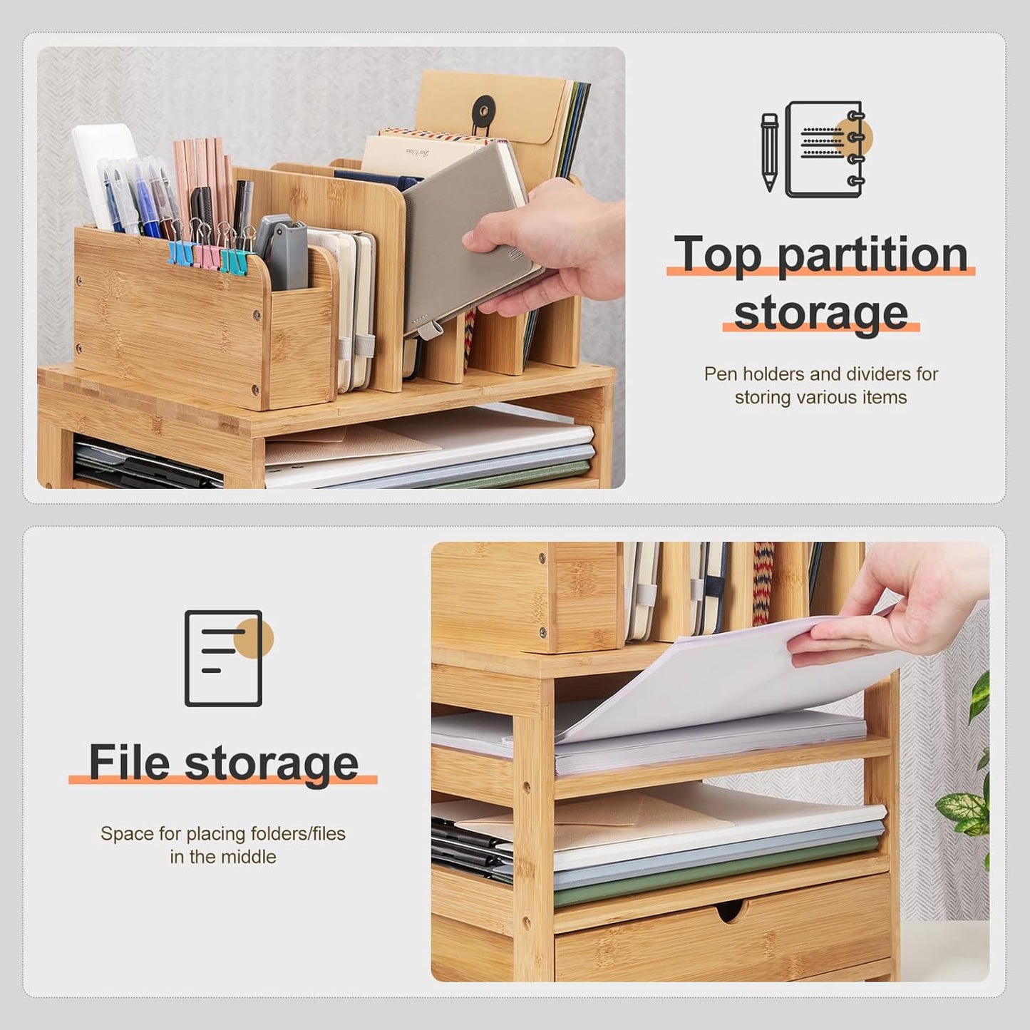 Bamboo Desk Organizer with Drawer and File Holder, Office Organization for Desks with Adjustable Pen Holding, Desktop Letter Paper Tray Storage for Workplace Home School (Natural, L)