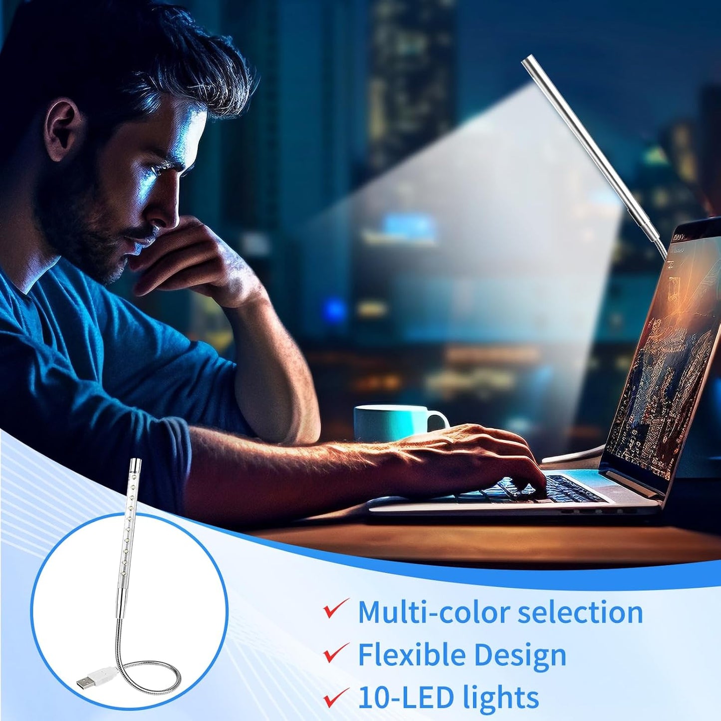 Keyboard Light Portable USB LED Light 10 Lamp Beads LED Laptop Light with Long Gooseneck Flexible Stick Laptop Light for Reading Book and Striking Keyboard (No Touch Switch, 1 Pcs, Silver)