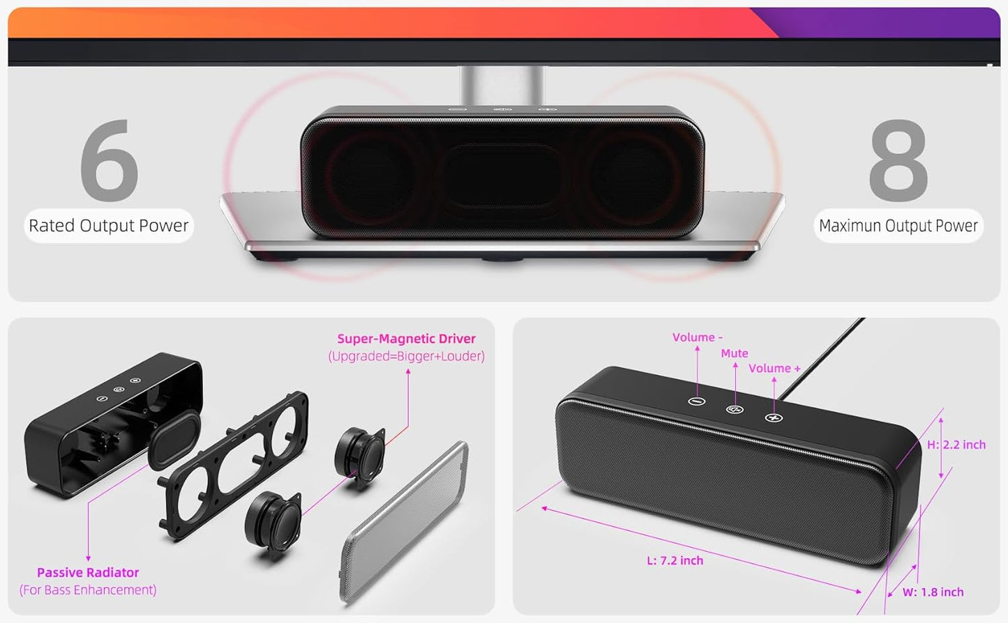 Computer Speakers for Desktop PC Laptop, Wired, USB Plug-In, External Speakers for Monitor, Small Computer Sound Bar for PC, Loud Speaker with Deep Bass, Touch Control, Built-In USB-C to USB Adapter
