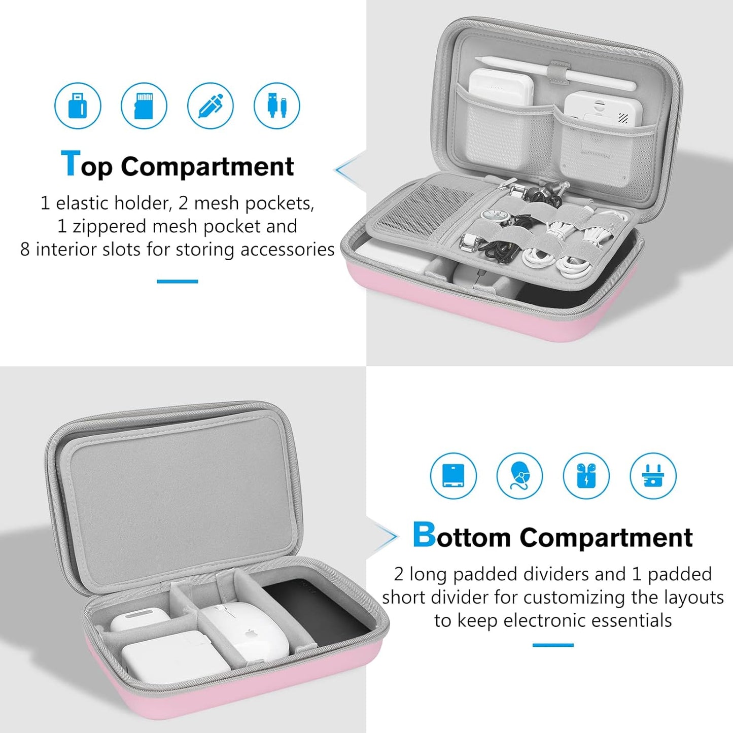Hard Travel Electronic Organizer Case for Macbook Power Adapter Chargers Cables Power Bank Apple Magic Mouse Apple Pencil USB Flash Disk SD Card Small Portable Accessories Bag -L, Rosegold