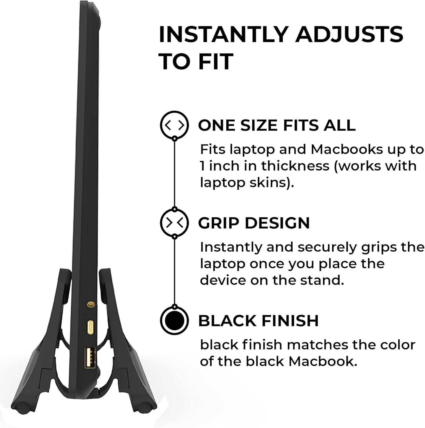 Vertical Laptop Stand for Desks in Matte Black, Upright Adjustable Holder to Dock Apple Macbook, Macbook Pro, and Other Laptops to Organize Work & Home Office, Automatic Grip