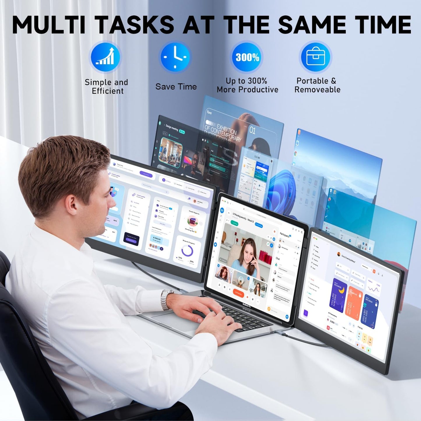 Laptop Screen Extender, 14" FHD 1080P Triple Portable Monitor for Laptop 13-17", Laptop Monitor Extender for Windows/Mac/Chrome/Ps5,Plug N Play