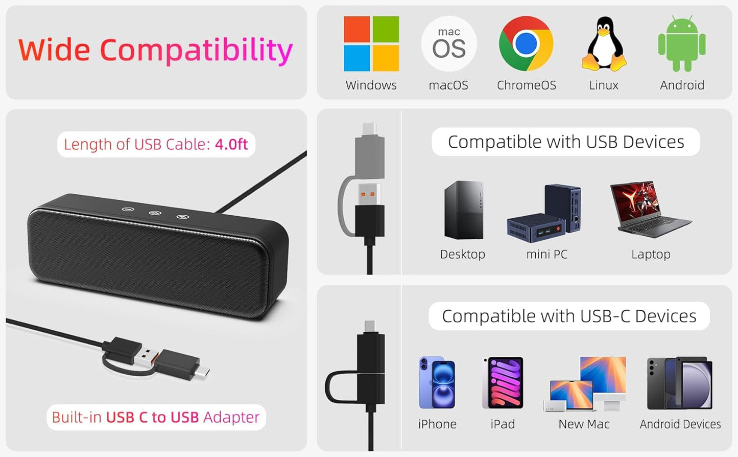Computer Speakers for Desktop PC Laptop, Wired, USB Plug-In, External Speakers for Monitor, Small Computer Sound Bar for PC, Loud Speaker with Deep Bass, Touch Control, Built-In USB-C to USB Adapter