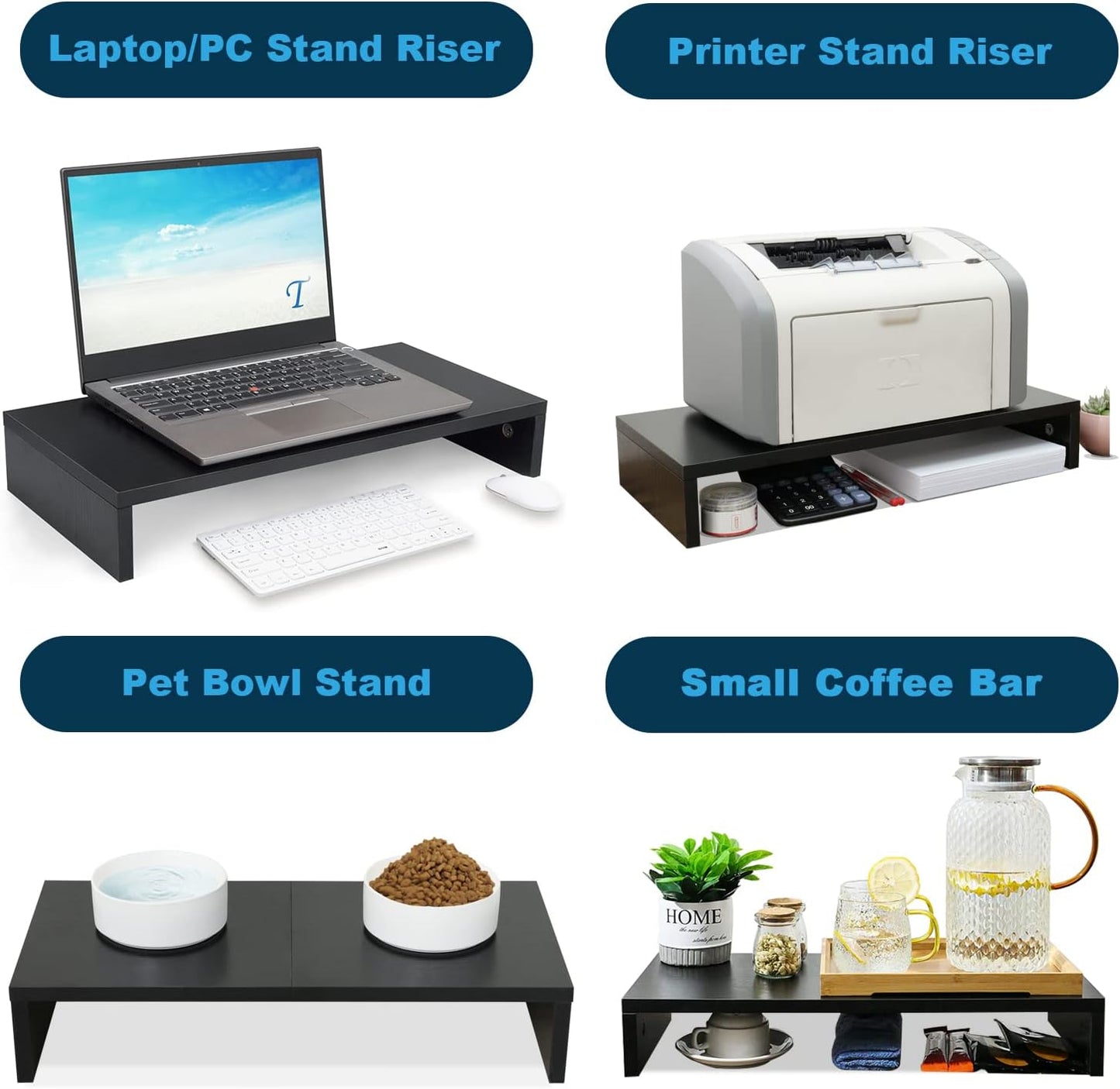 20 Inch Monitor Stand Riser, Wood Monitor Stand for Desk, Tv/Screen/Pc/Printer/Laptop Riser, Computer Stand with Keyboard Organizer, Black Desktop Stand, Monitor Riser (Black, 20 Inch)