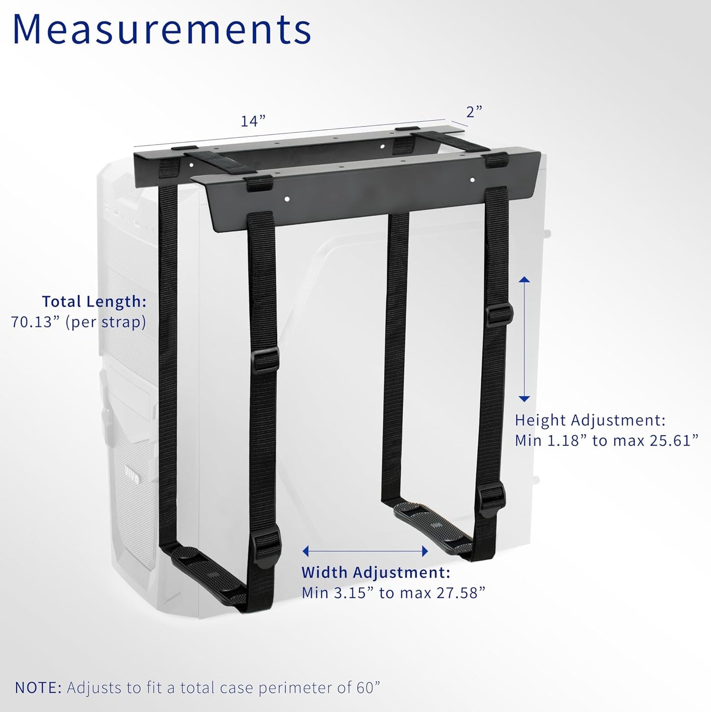 Under-Desk and Wall Mount PC Adjustable Strap and Steel Bracket Holder, Computer Case Carrier, Black, MOUNT-PC02S